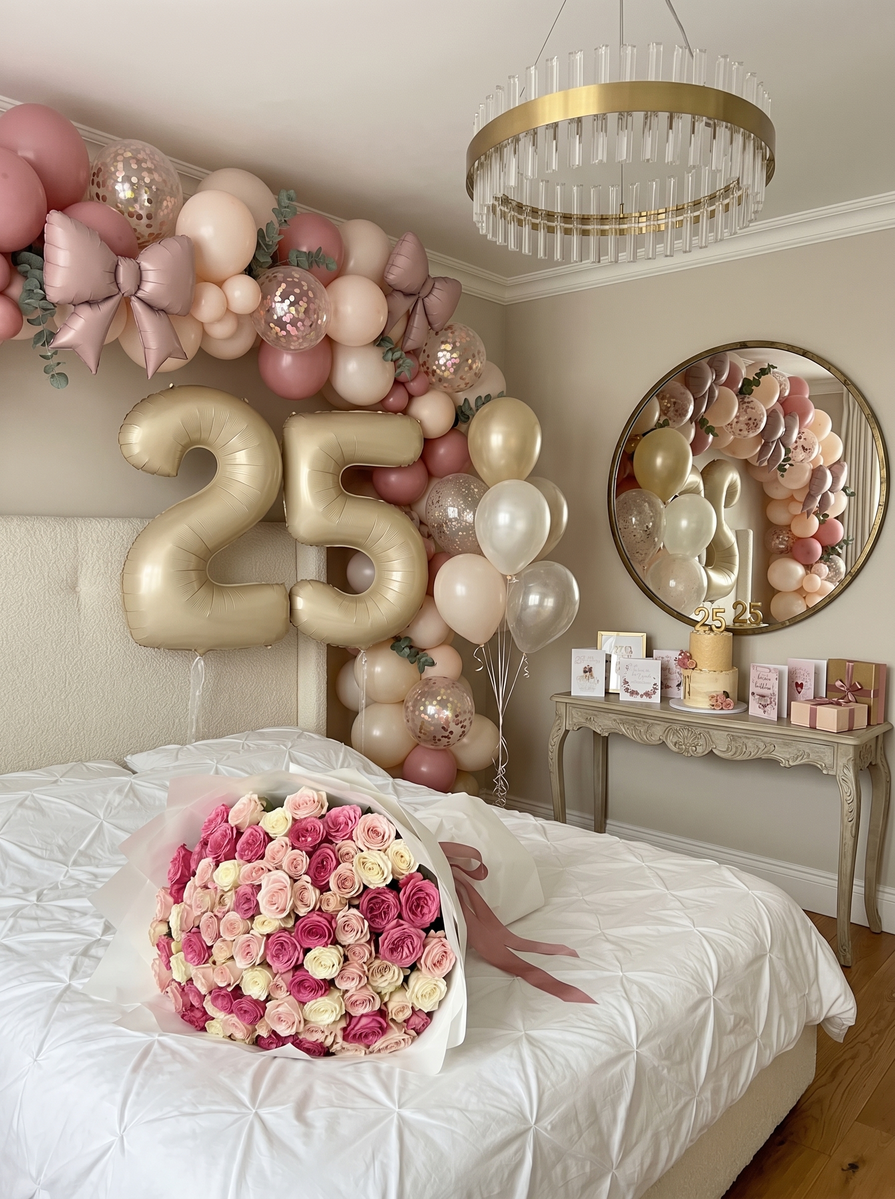 Blush and gold 25th birthday bedroom decor with balloon garland, number balloons, flowers, cake, and gifts