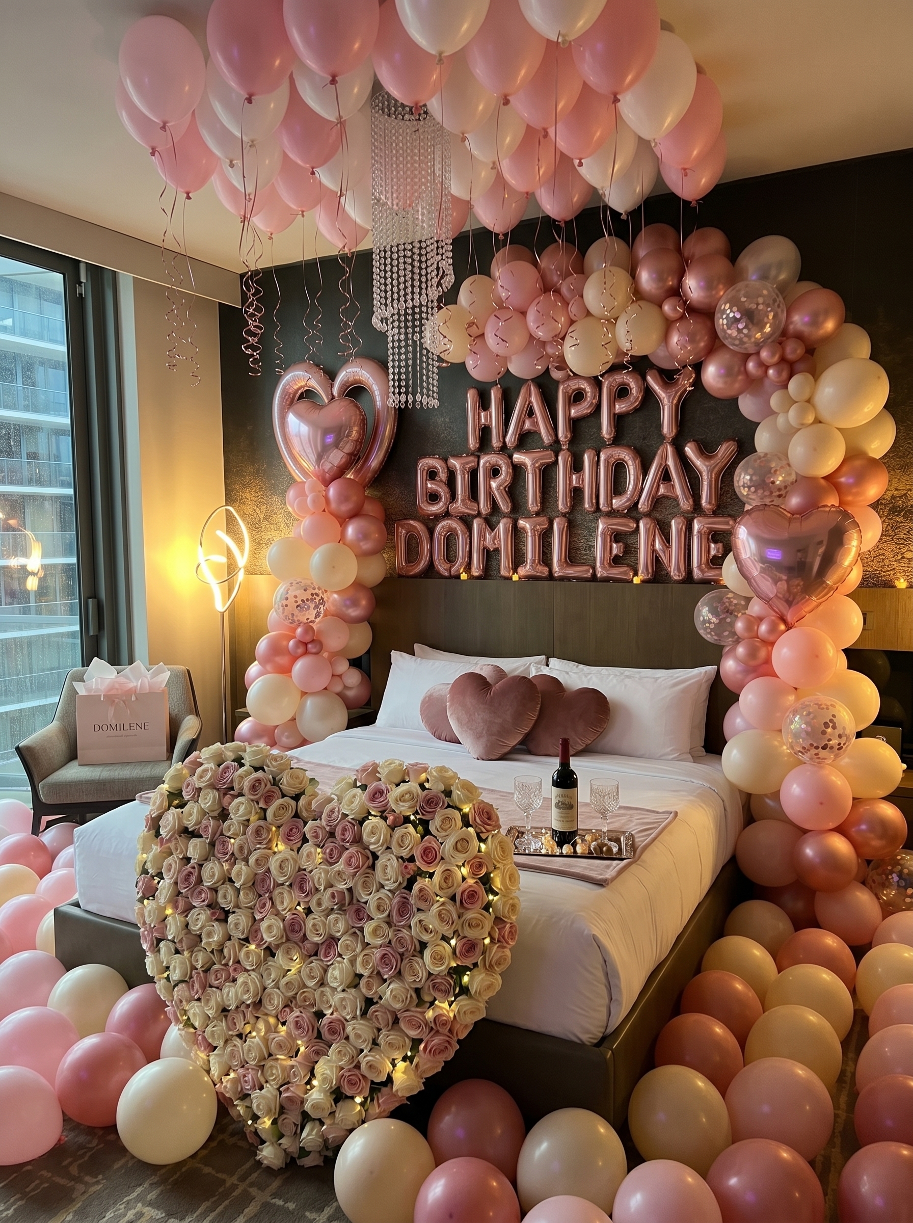 Luxury pink birthday bedroom decor with balloon arch, personalized backdrop, heart balloons, and rose flower arrangement