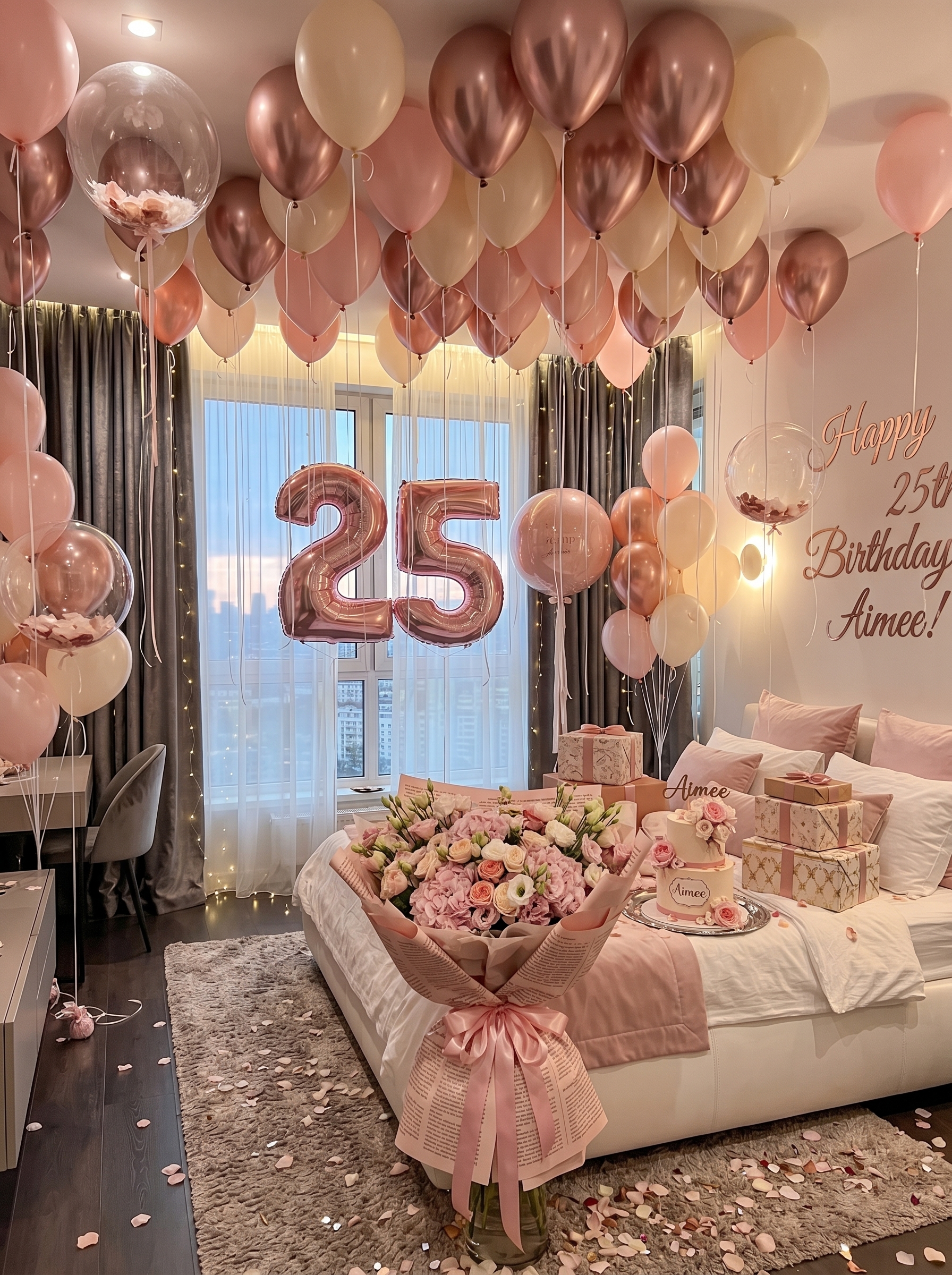 Romantic 25th birthday room decor with rose gold balloons, fairy lights, birthday cake, flowers, and gifts