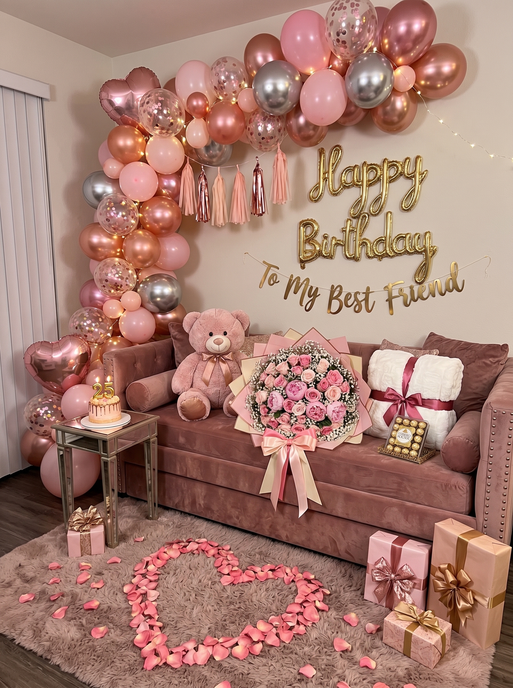 Best friend birthday surprise room with pink balloons, sofa styling, teddy bear, flower bouquet, cake, and gifts
