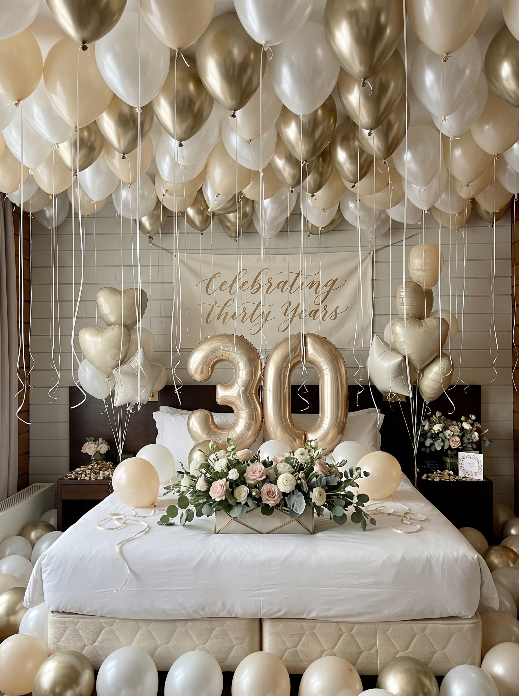 White and gold 30th birthday bedroom decor with ceiling balloons, ribbon details, heart balloons, and floral styling