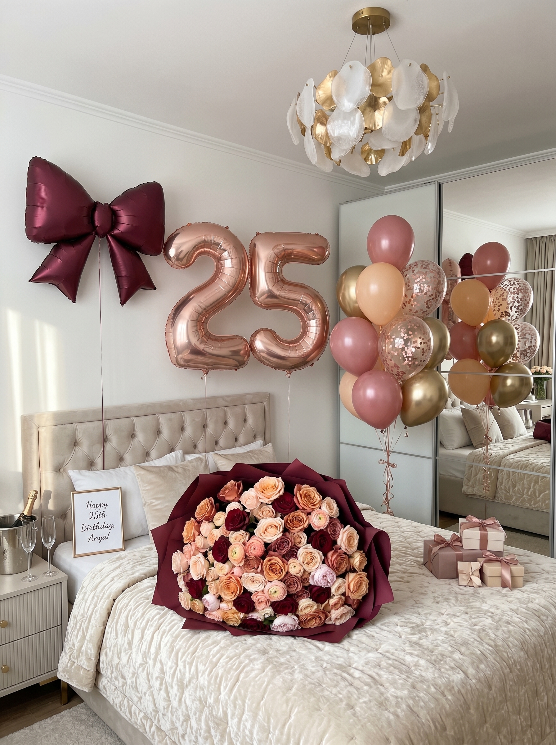 Elegant 25th birthday bedroom with bow balloon, rose gold balloons, gifts, flowers, and champagne setup