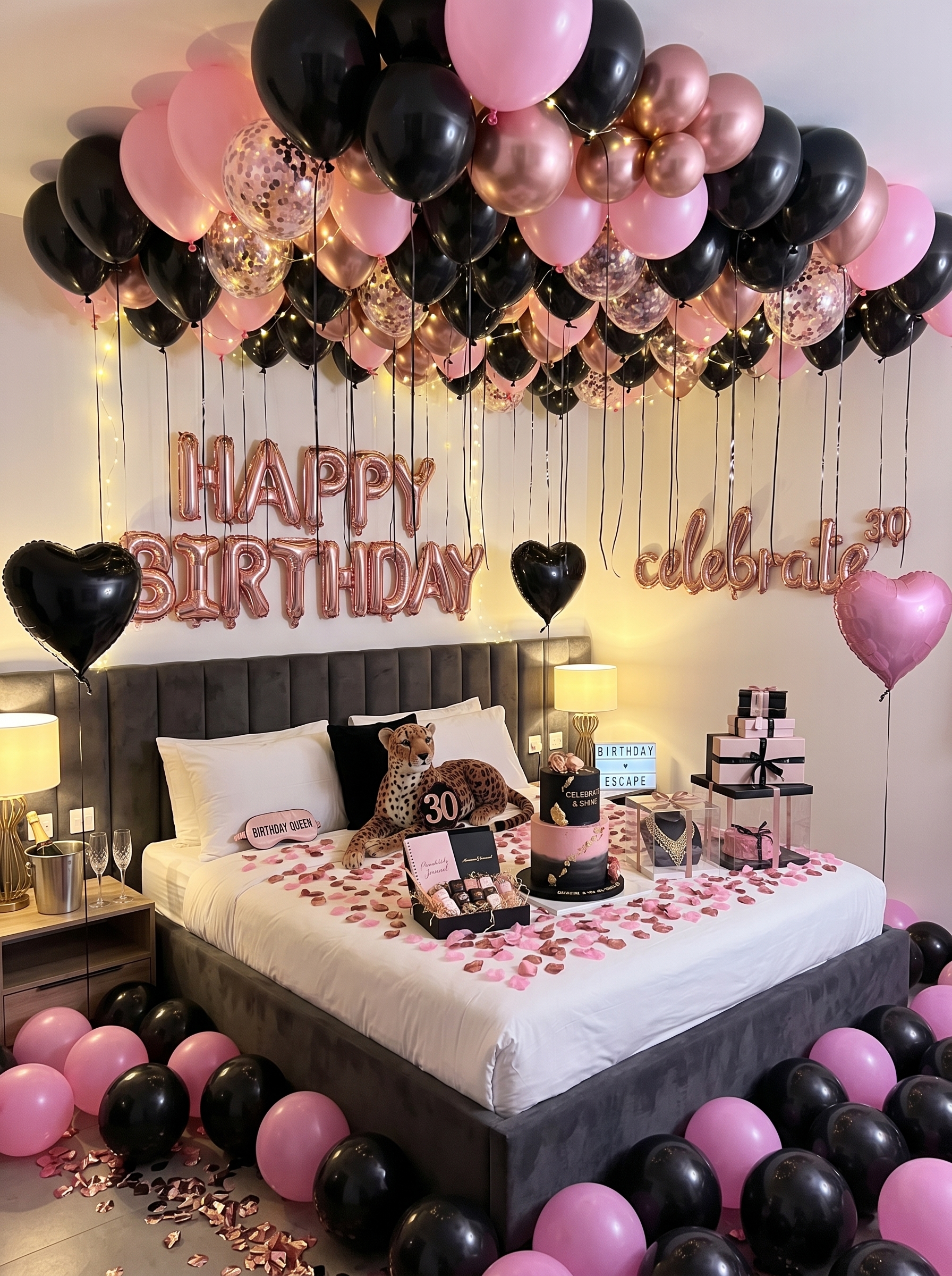 Black pink and rose gold birthday bedroom decor with balloon ceiling, fairy lights, gifts, cake, and rose petals