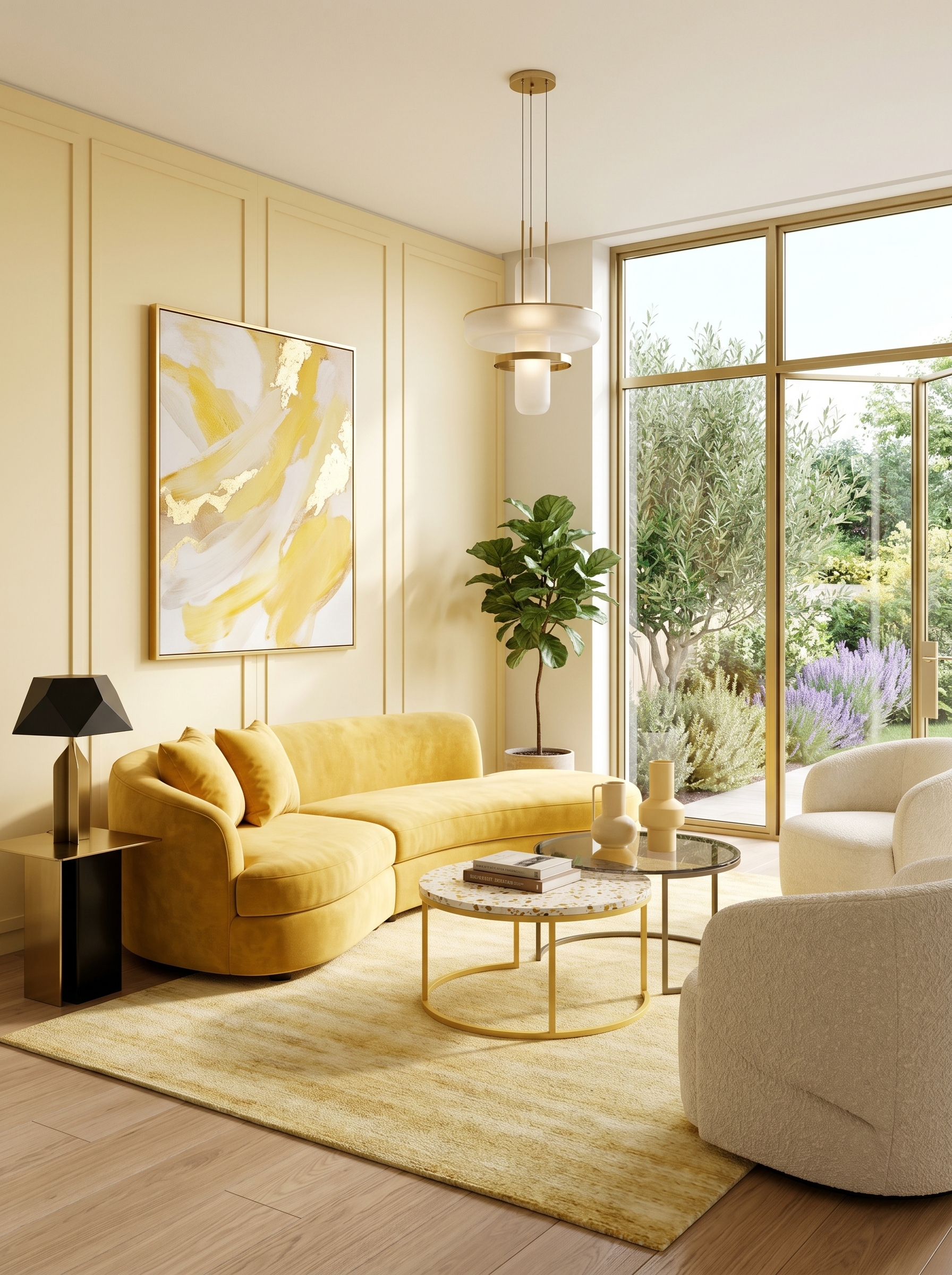 Modern butter yellow living room with curved yellow sofa, cream chairs, gold wall art, and soft natural light