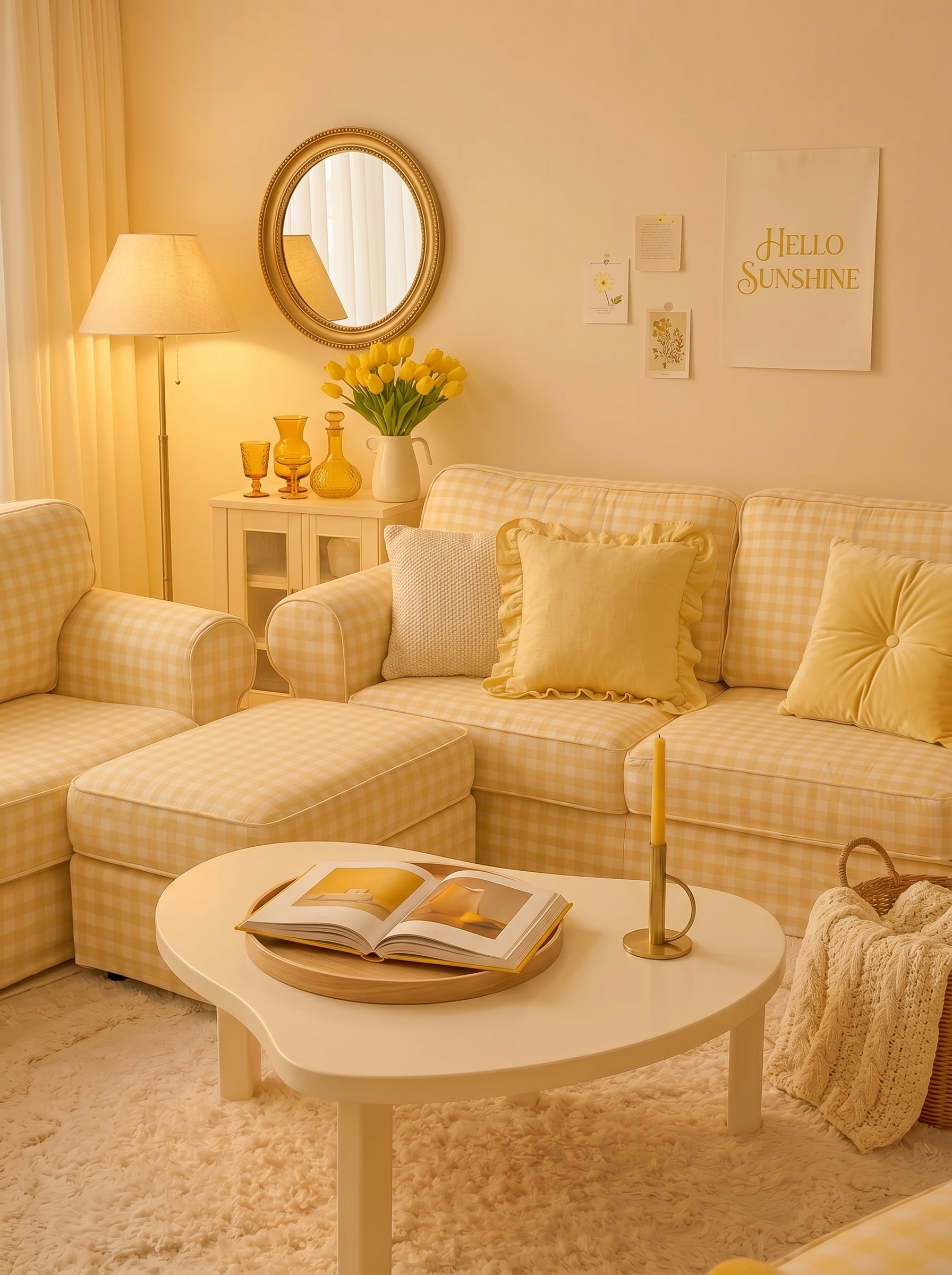 Cottage butter yellow living room with gingham sofa, matching armchair, ottoman, gold mirror, and soft curtains