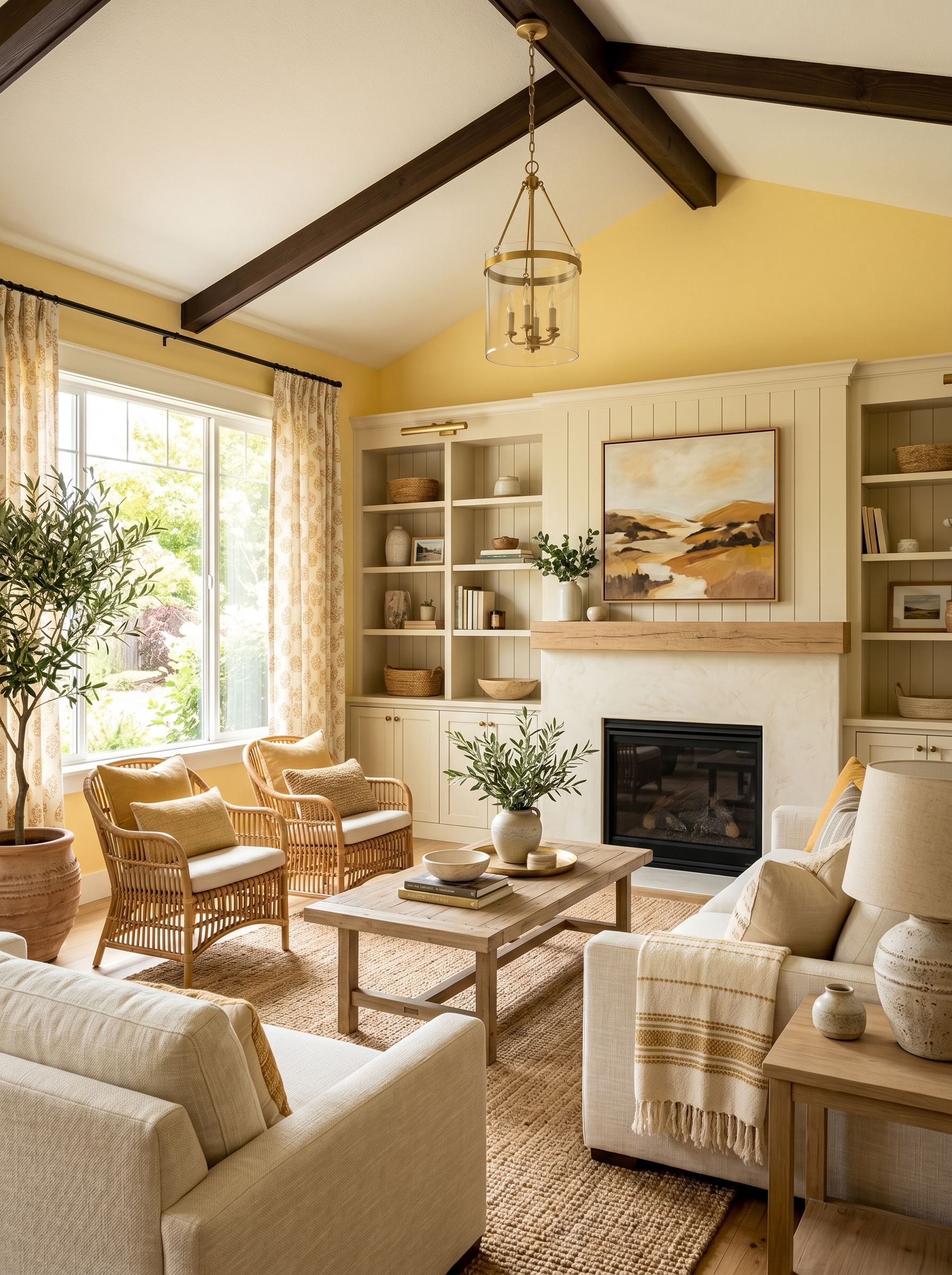 Farmhouse butter yellow living room with yellow walls, cream sofas, rattan chairs, fireplace, and wood ceiling beams