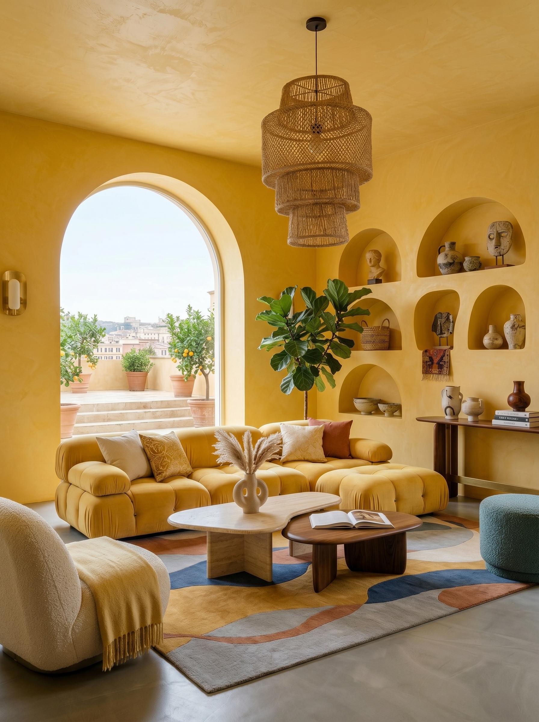 Mediterranean butter yellow living room with arched window, yellow sofa, niche shelving, woven pendant light, and earthy decor