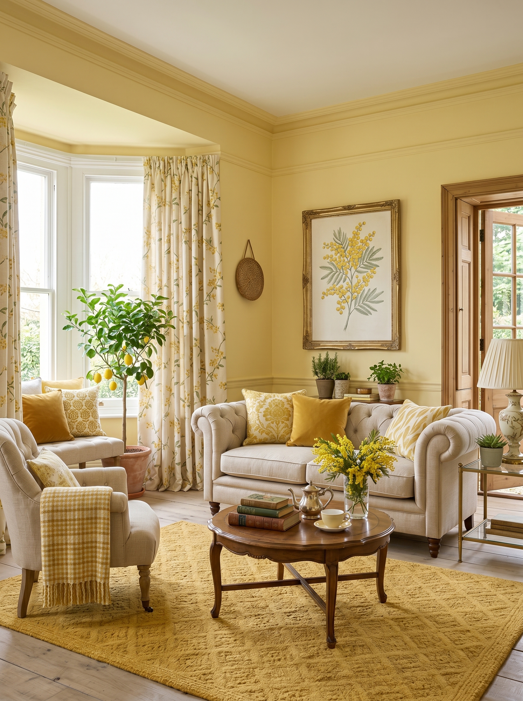 Vintage butter yellow living room with cream tufted sofa, floral curtains, yellow rug, botanical art, and classic decor