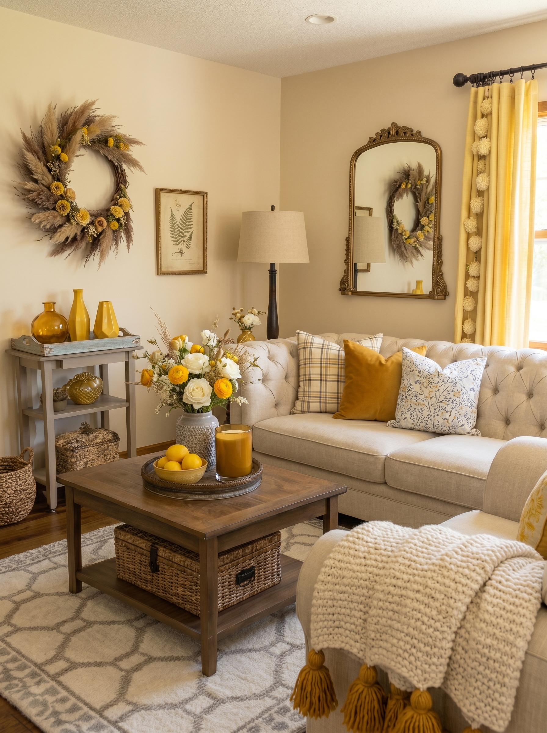 Cozy farmhouse butter yellow living room with cream sofa, yellow curtains, mustard pillows, rustic coffee table, and floral wreath