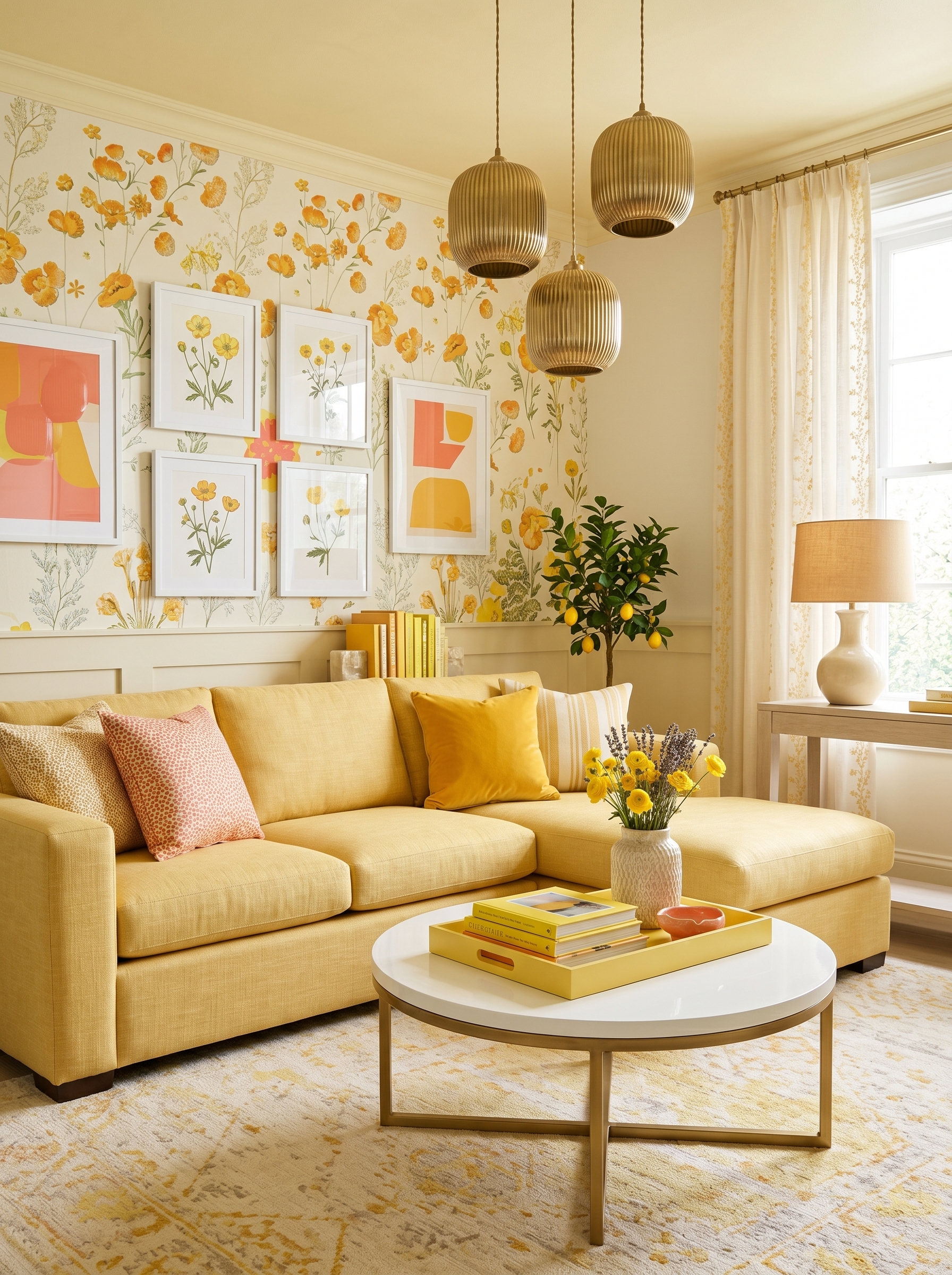 Fresh butter yellow living room with yellow sectional sofa, floral wallpaper, gold pendant lights, round coffee table, and spring decor