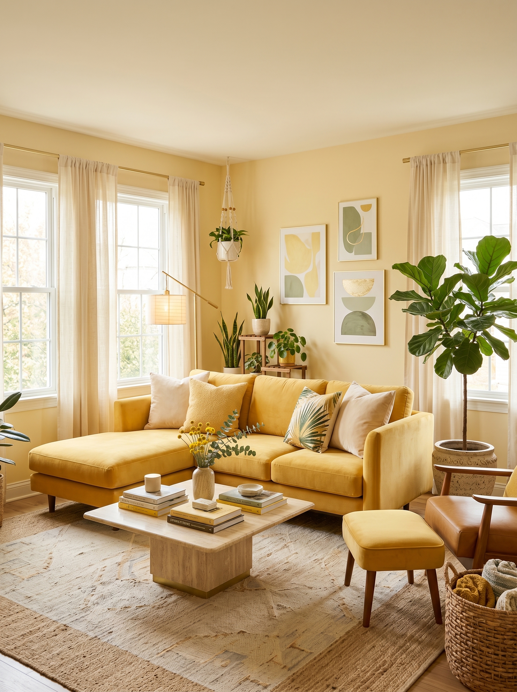 Modern butter yellow living room with yellow chaise sofa, indoor plants, abstract wall art, cream curtains, and wood coffee table