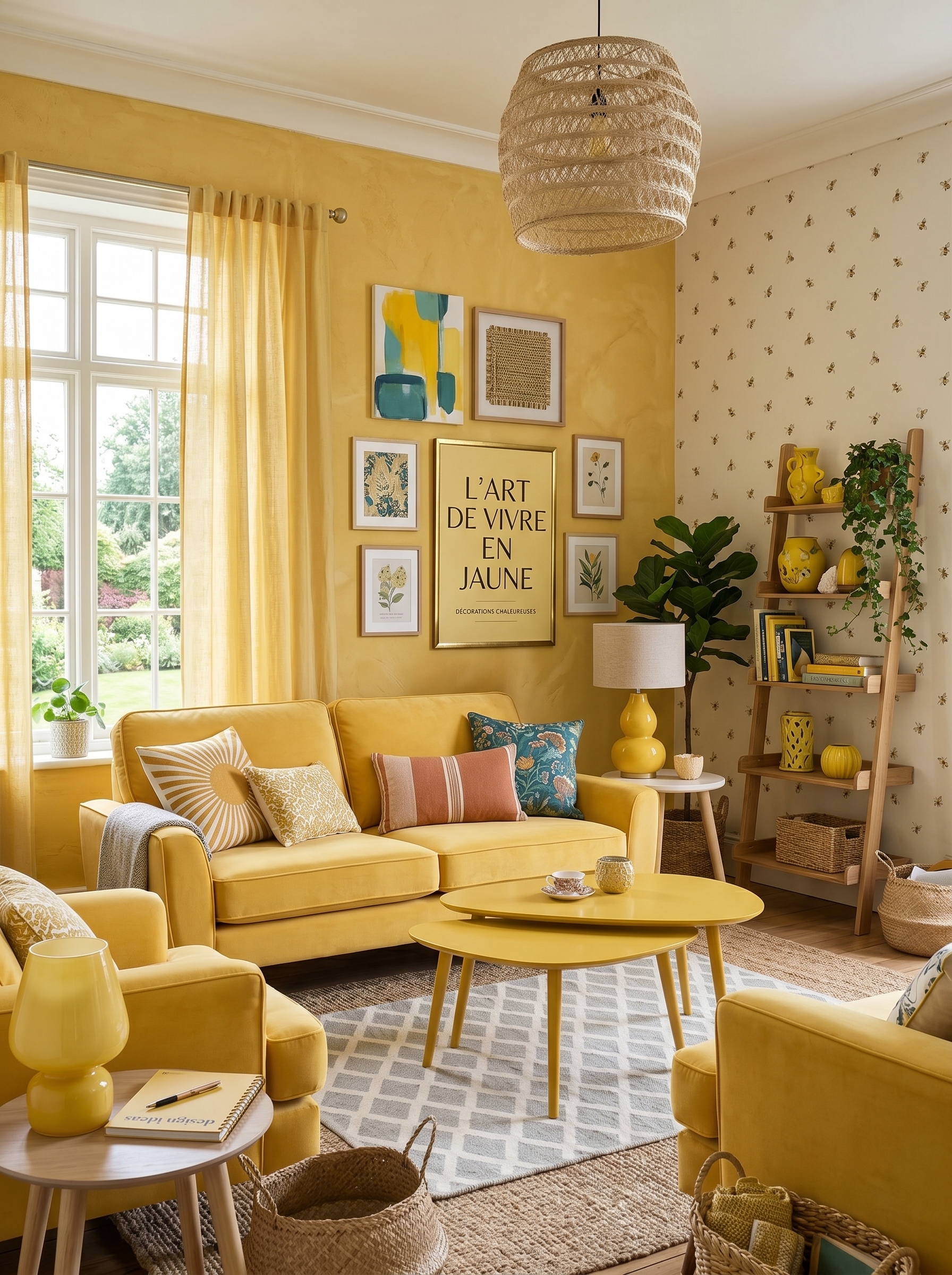 Soft butter yellow sectional sofa living room with matching ottoman, cream curtains, plants, neutral rug, and abstract wall art