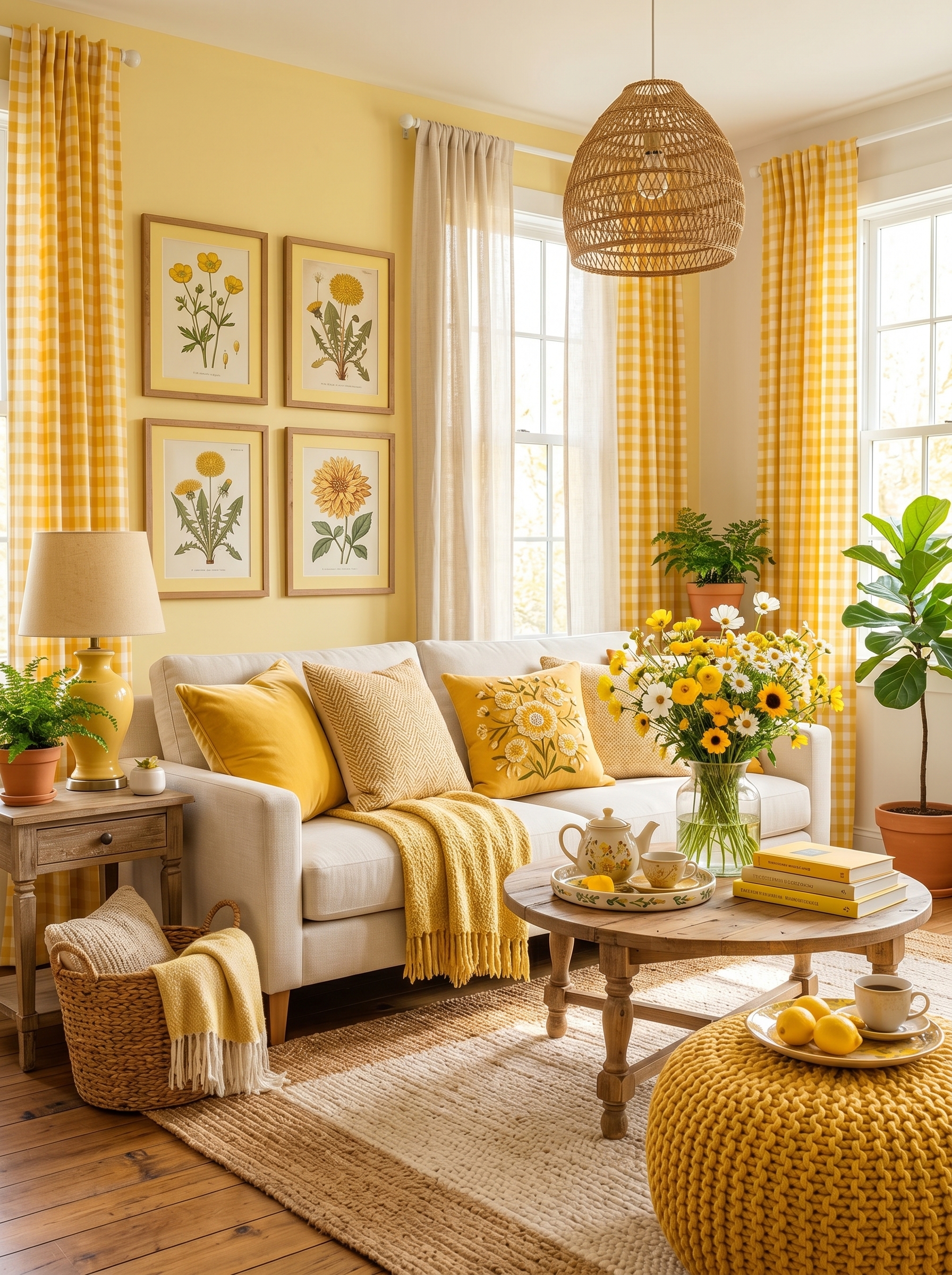 Cheerful cottage butter yellow living room with gingham curtains, cream sofa, mustard pillows, botanical art, and woven textures