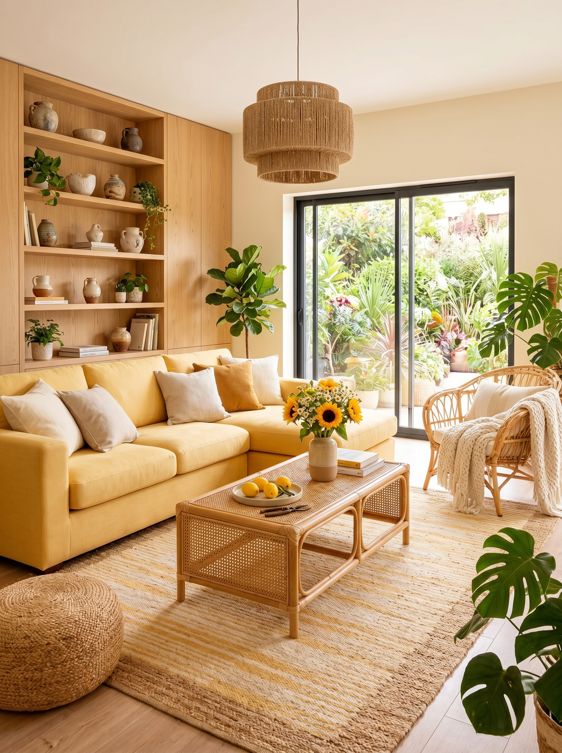 Organic butter yellow living room with yellow sectional sofa, rattan coffee table, built-in shelves, greenery, and natural wood accents
