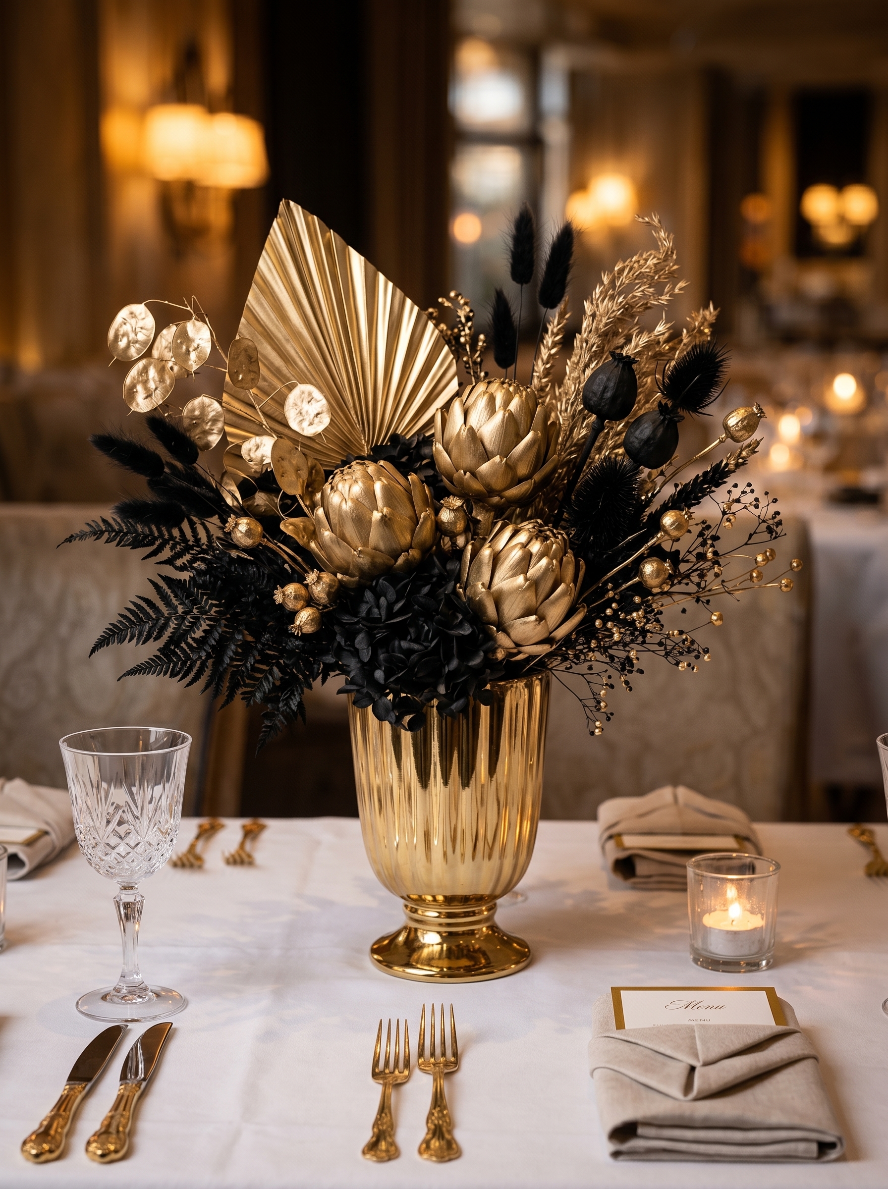 Gold and black centrepiece ideas