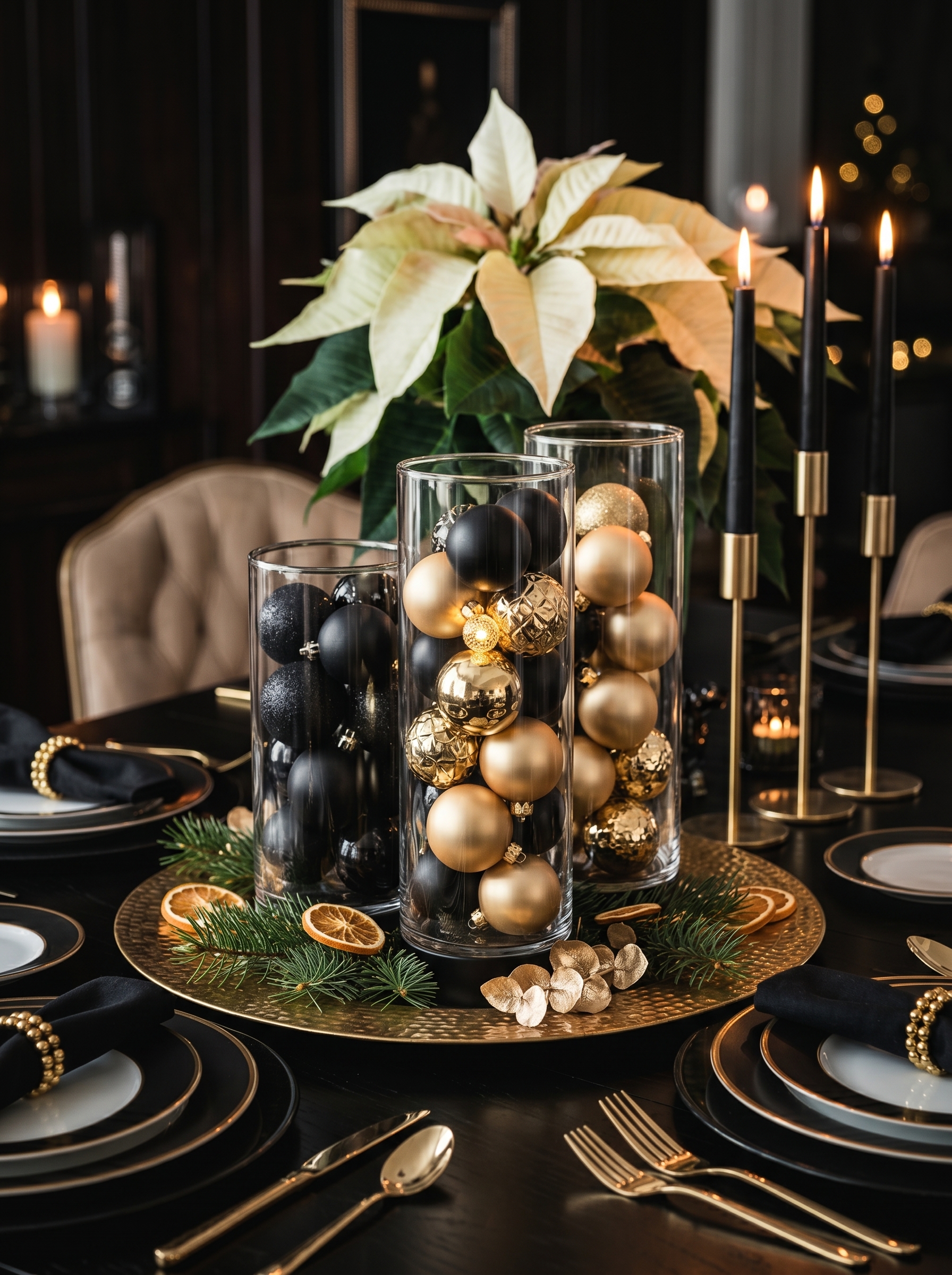 Gold and black centrepiece ideas