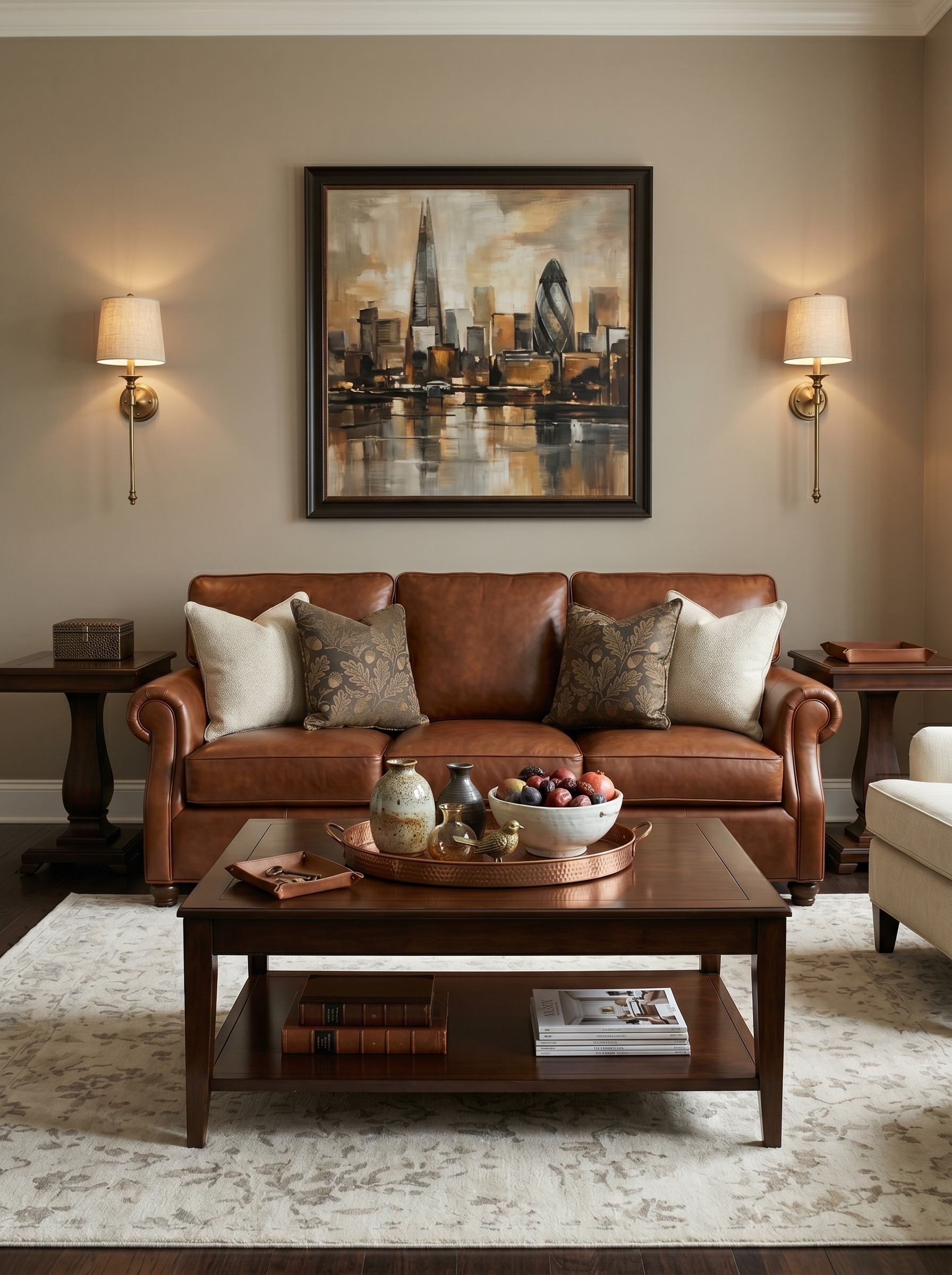 Warm brown living room with cozy neutral decor, brown furniture, beige rug, wood accents, and elegant home styling