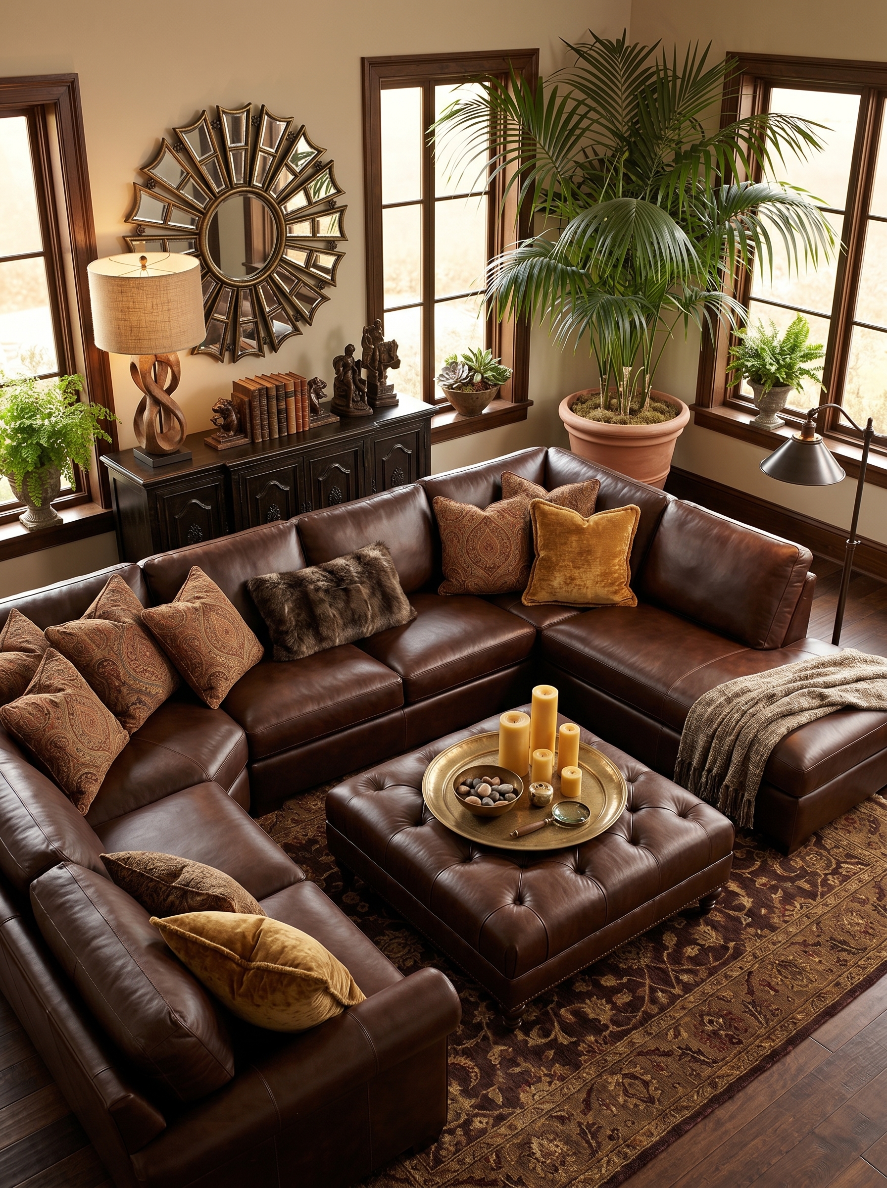 Classic brown leather sofa living room with cream pillows, dark wood side tables, beige rug, and traditional decor