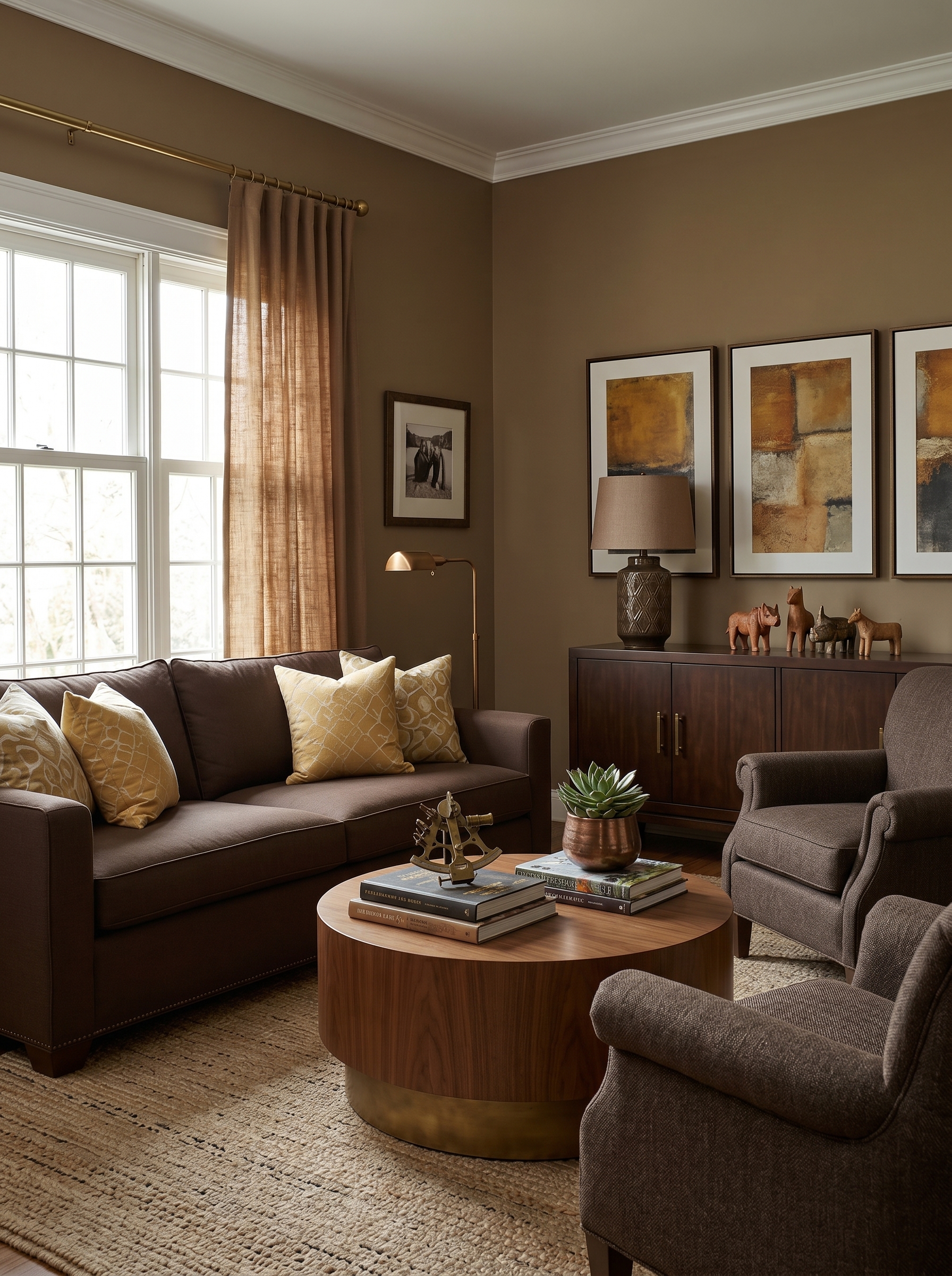 Rich brown sectional living room with leather furniture, gold accents, indoor plants, patterned rug, and cozy decor