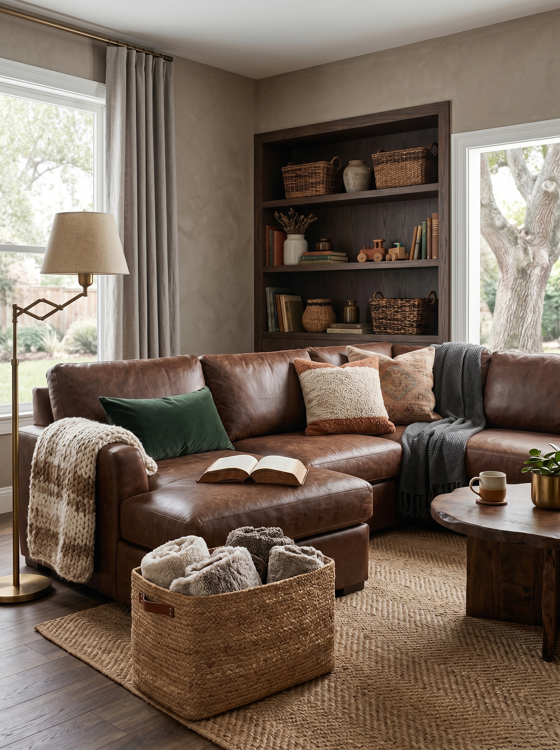 Sophisticated brown living room with matching armchairs, brass coffee table, abstract wall art, and warm lighting