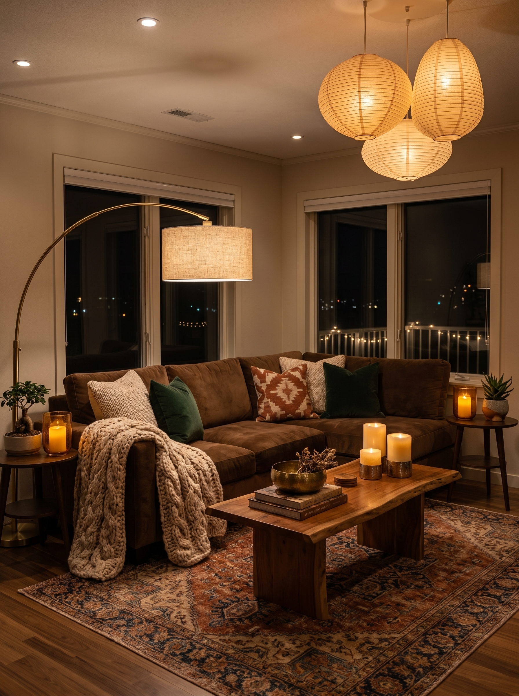 Rustic modern brown living room with leather sectional, built-in shelves, woven basket, jute rug, and cozy textiles