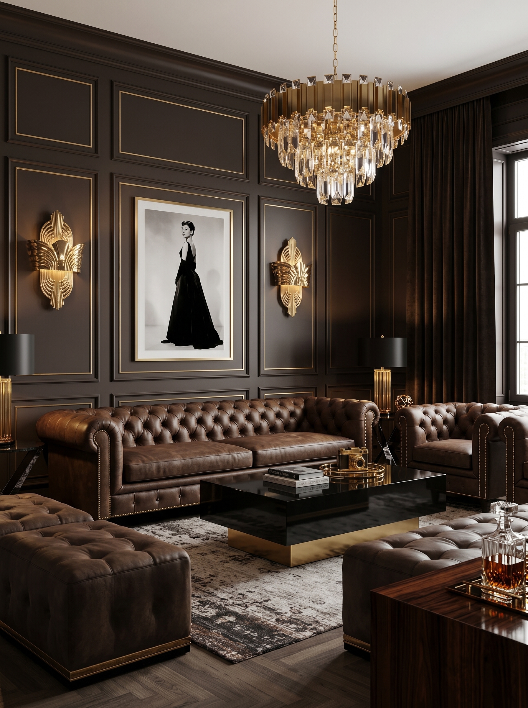 Cozy brown living room with warm pendant lights, sectional sofa, candles, wood coffee table, and layered textiles