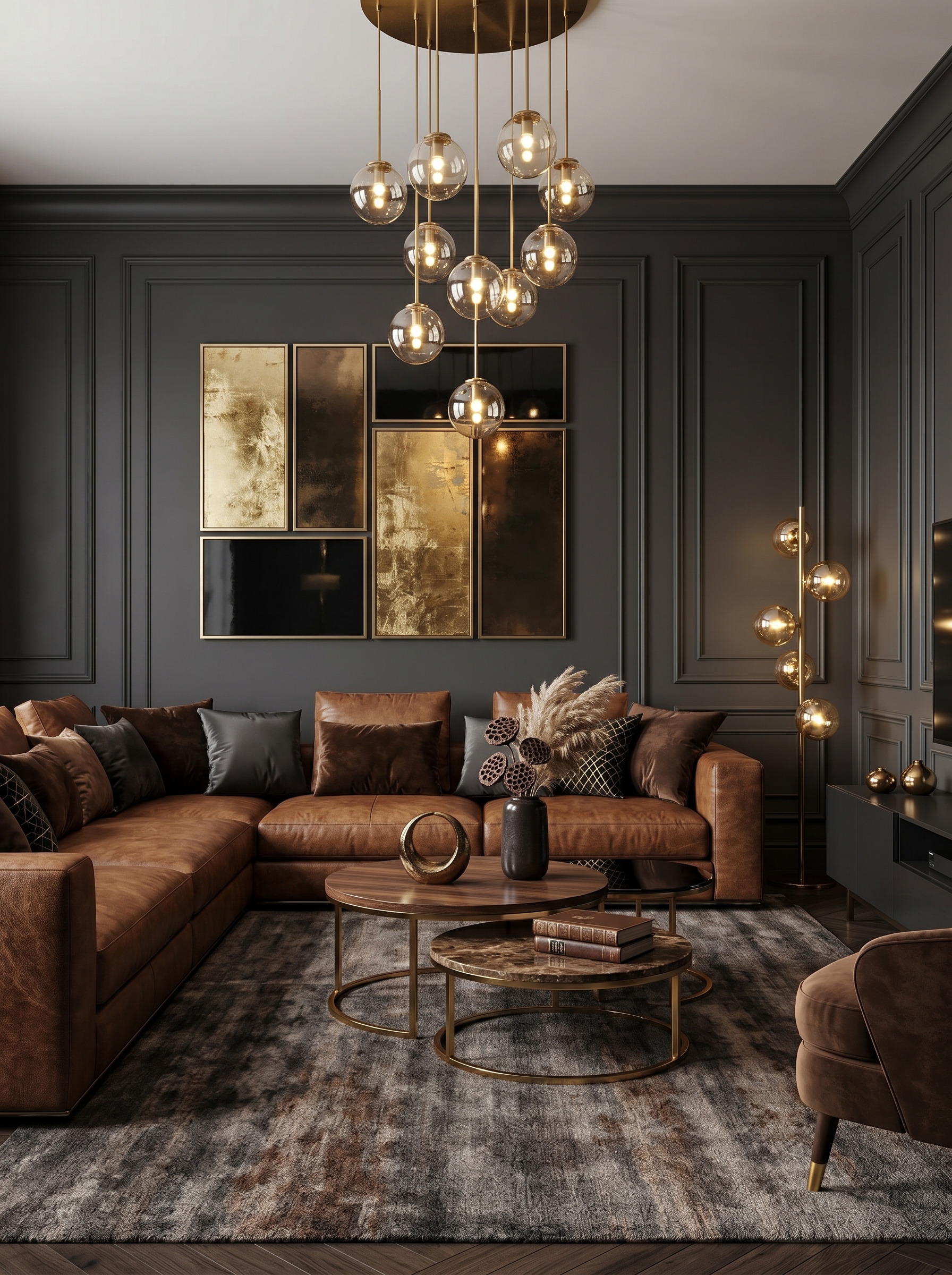 Luxury brown living room with tufted leather sofa, gold accents, dark wall paneling, chandelier, and elegant decor