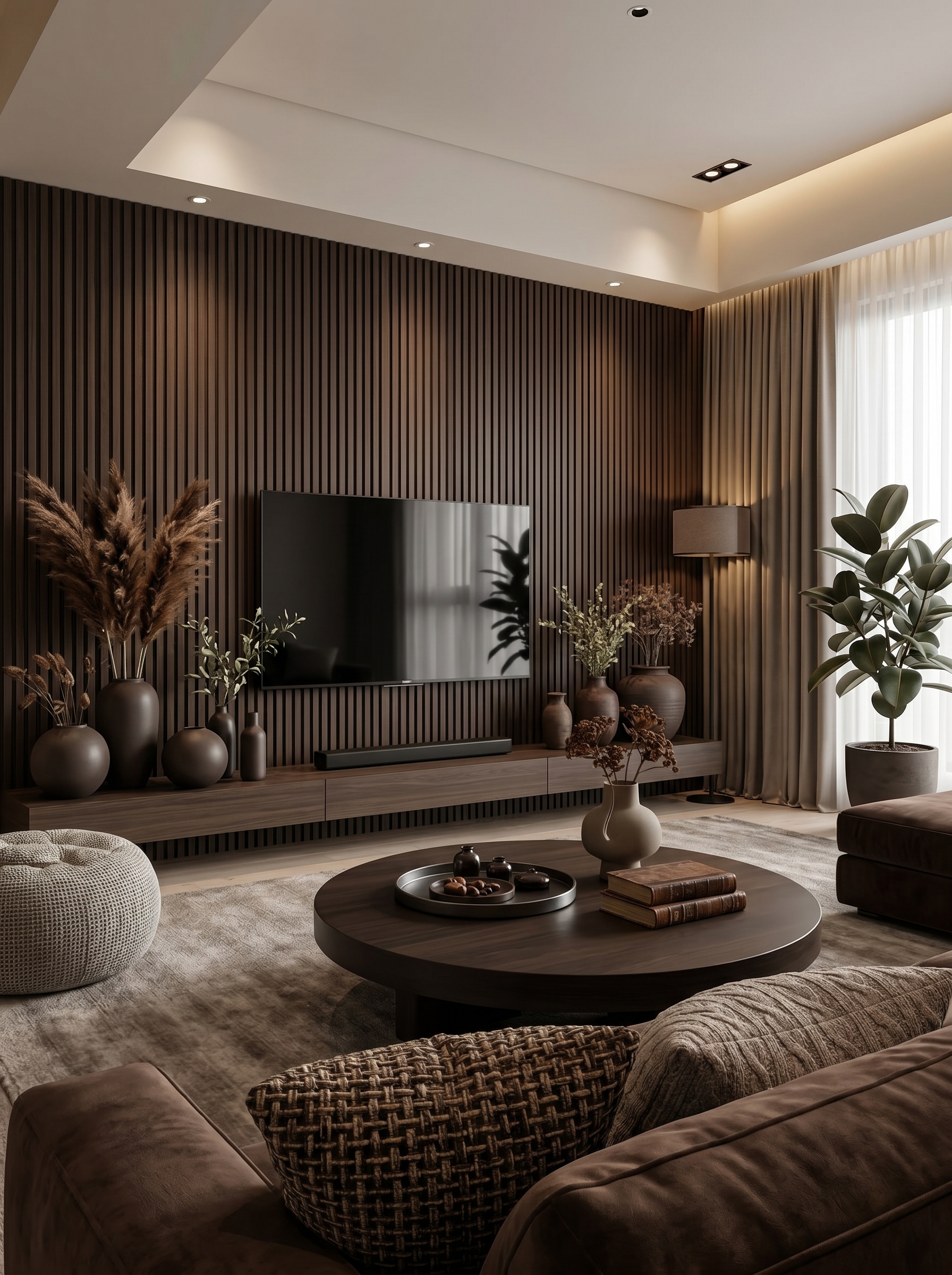 Modern brown living room with dark wall paneling, leather sectional, gold pendant lighting, abstract wall art, and round tables