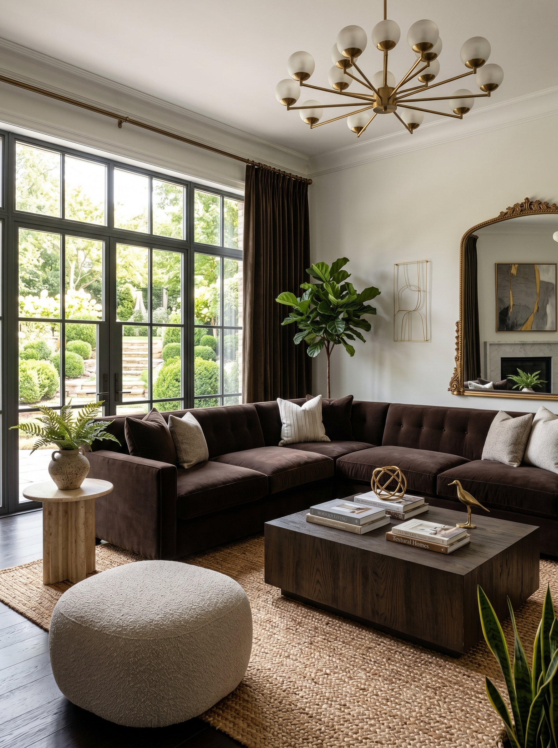 Brown living room with wood slat TV wall, low media console, round coffee table, pampas grass, and modern lighting