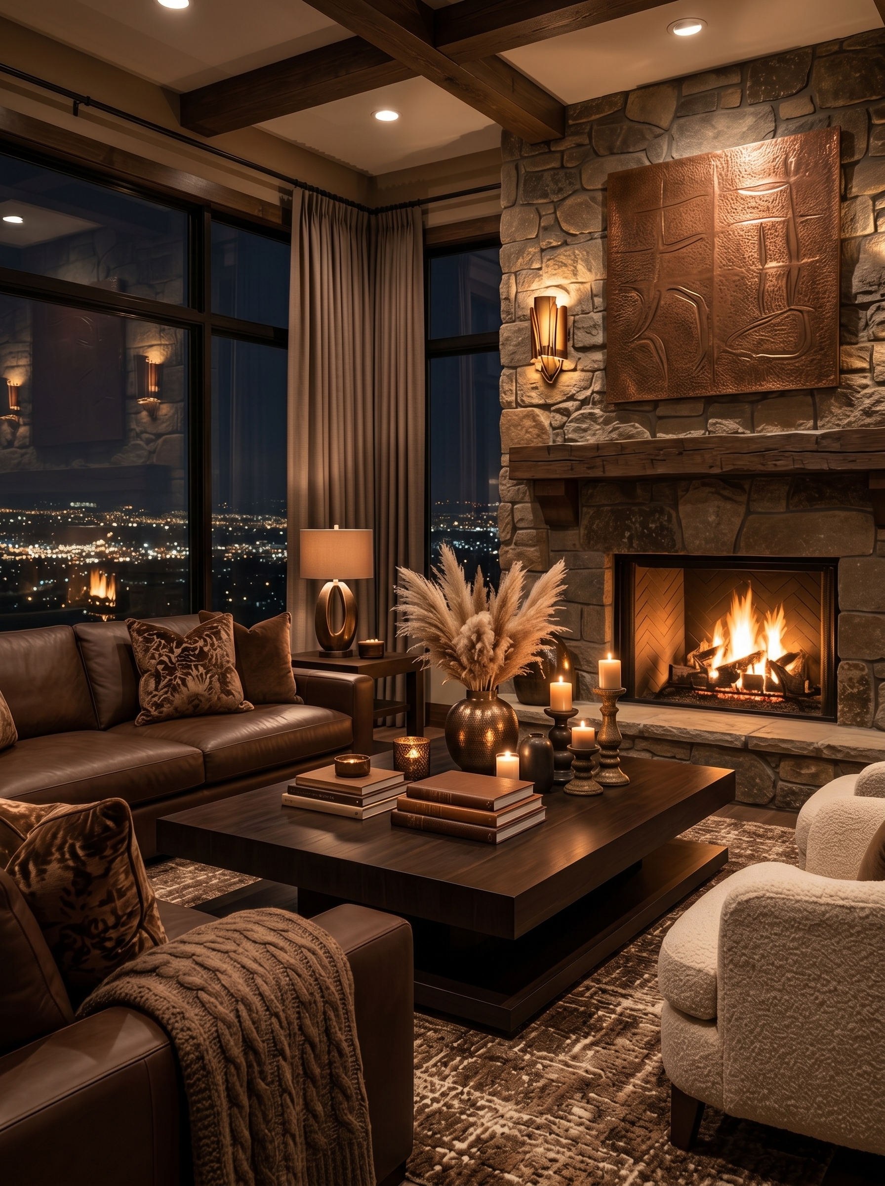 Refined brown living room with velvet seating, natural textures, jute rug, gold chandelier, and indoor plants