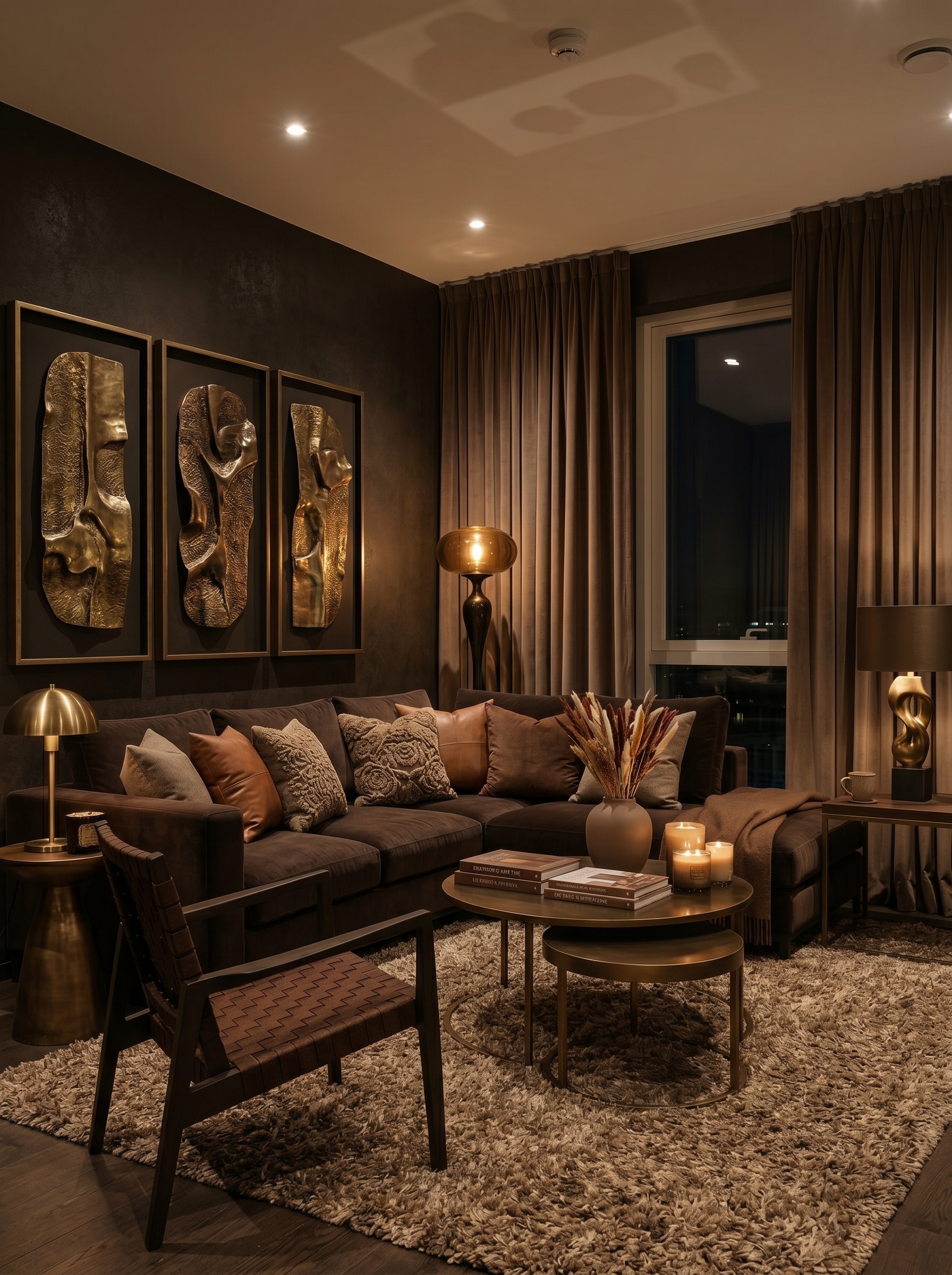 Rustic luxury brown living room with stone fireplace, leather seating, wooden beams, candles, and warm lighting