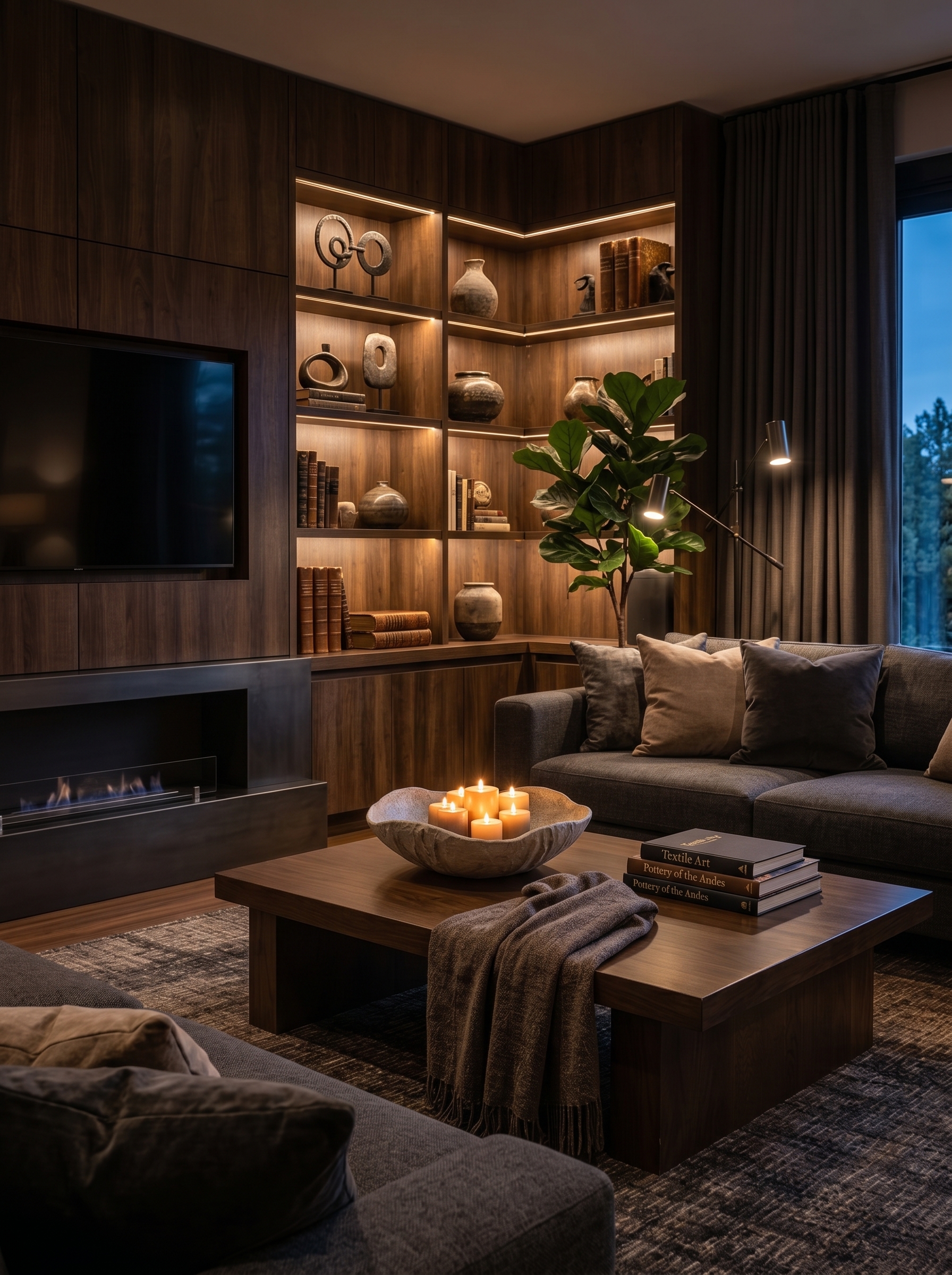 Moody brown living room with metallic wall art, dark statement wall, sectional sofa, nesting coffee tables, and warm lamps
