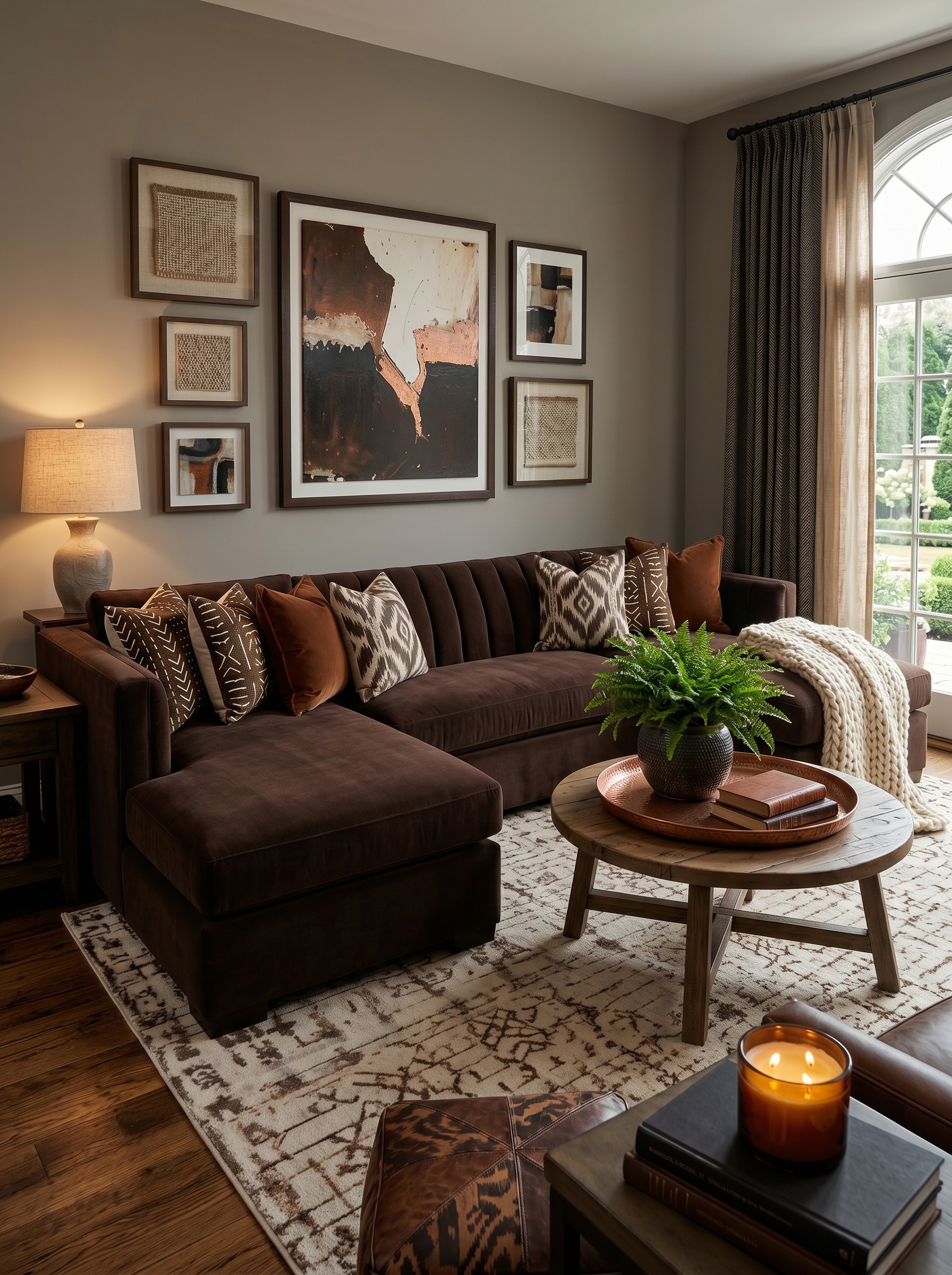 Brown living room with wood paneling, built-in illuminated shelves, fireplace wall, cozy seating, and modern luxury decor