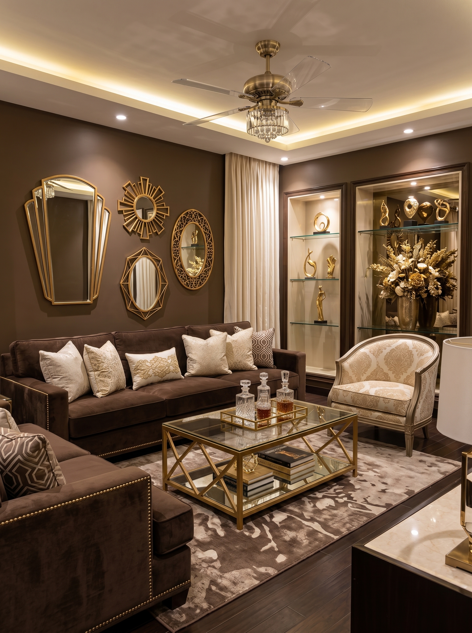 Soft earthy brown living room with sectional sofa, abstract wall art, round coffee table, cream rug, and warm neutral decor