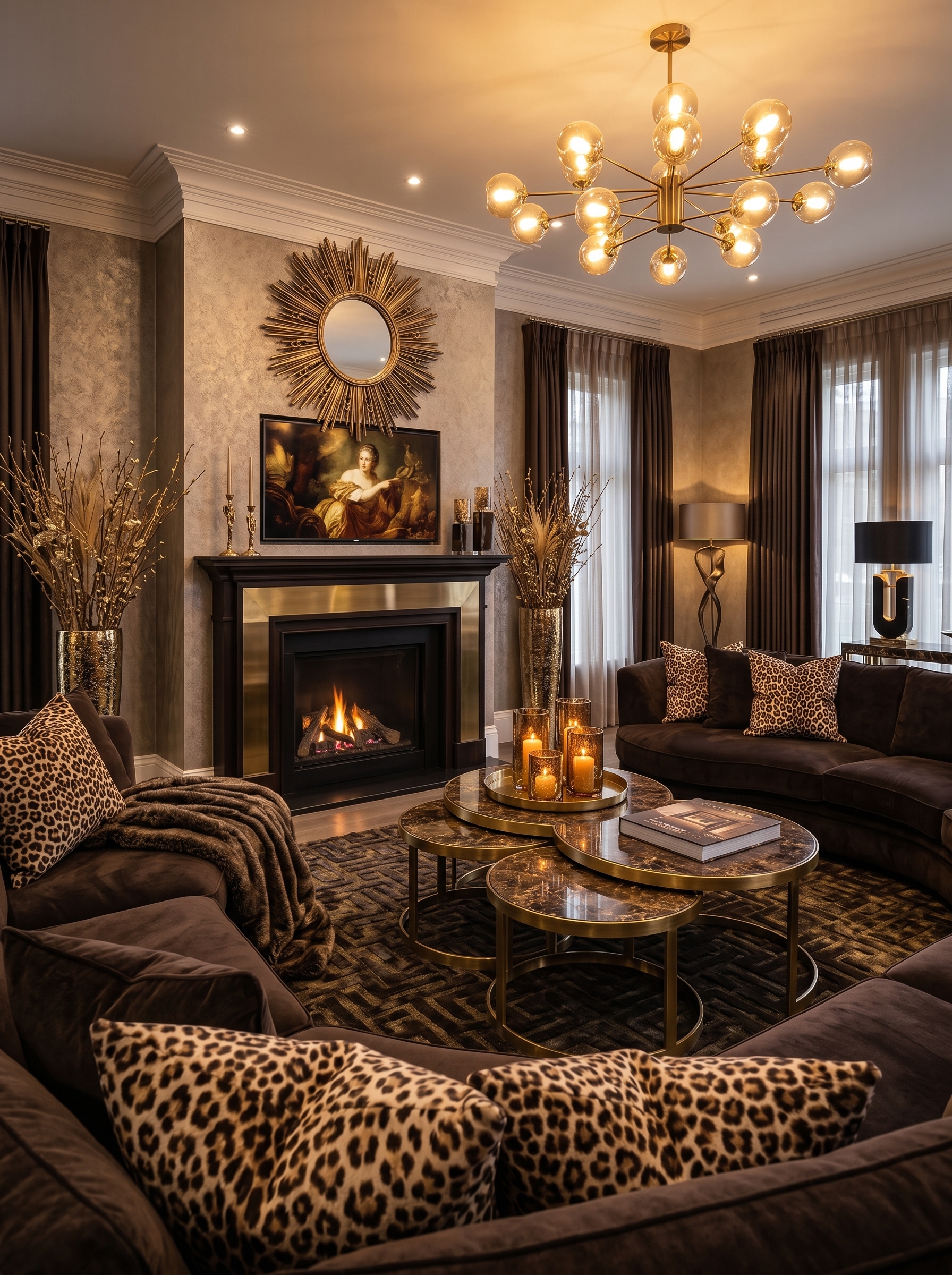 Luxury brown living room with statement mirrors, glass coffee table, gold frame, plush seating, and display cabinets