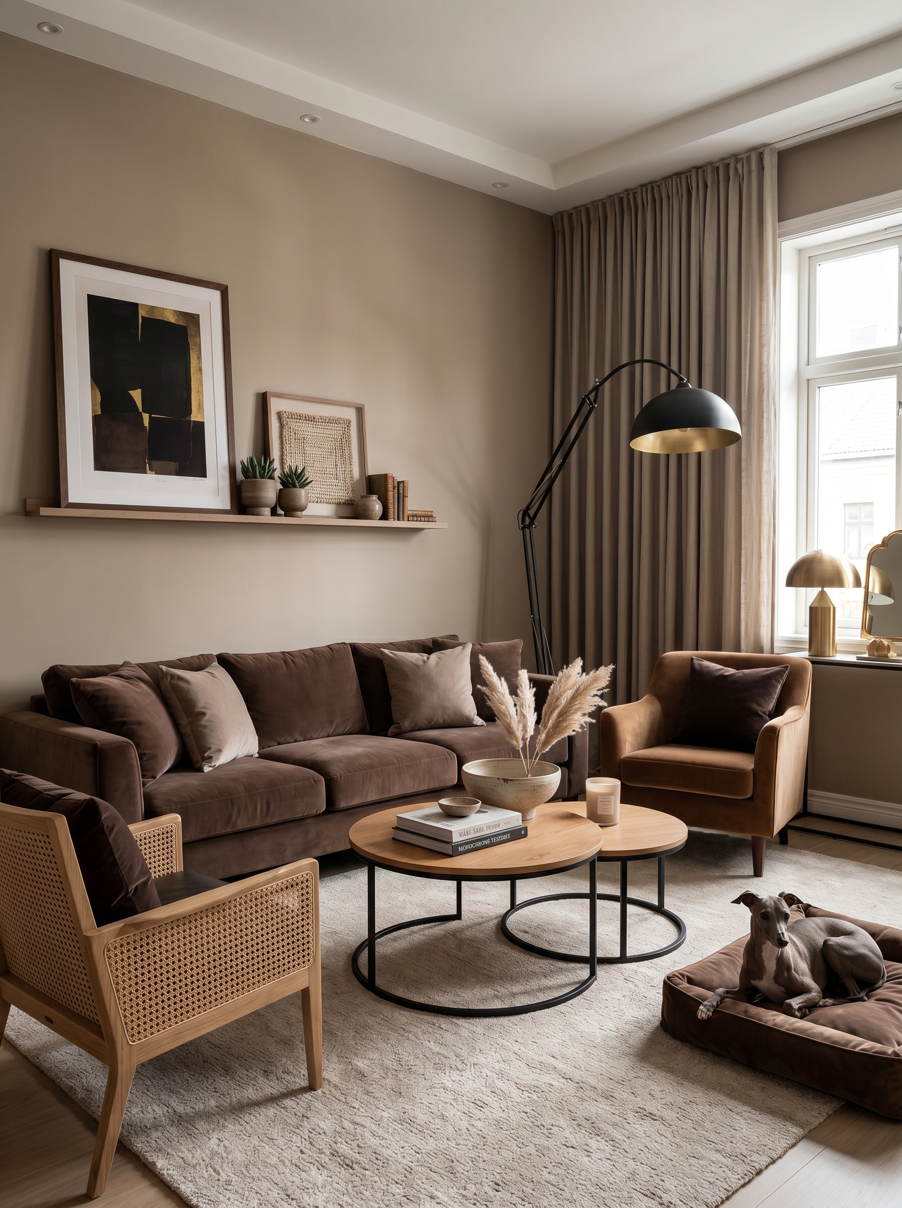 Glamorous brown living room with fireplace, gold chandelier, animal print pillows, brown sofas, and warm luxury decor
