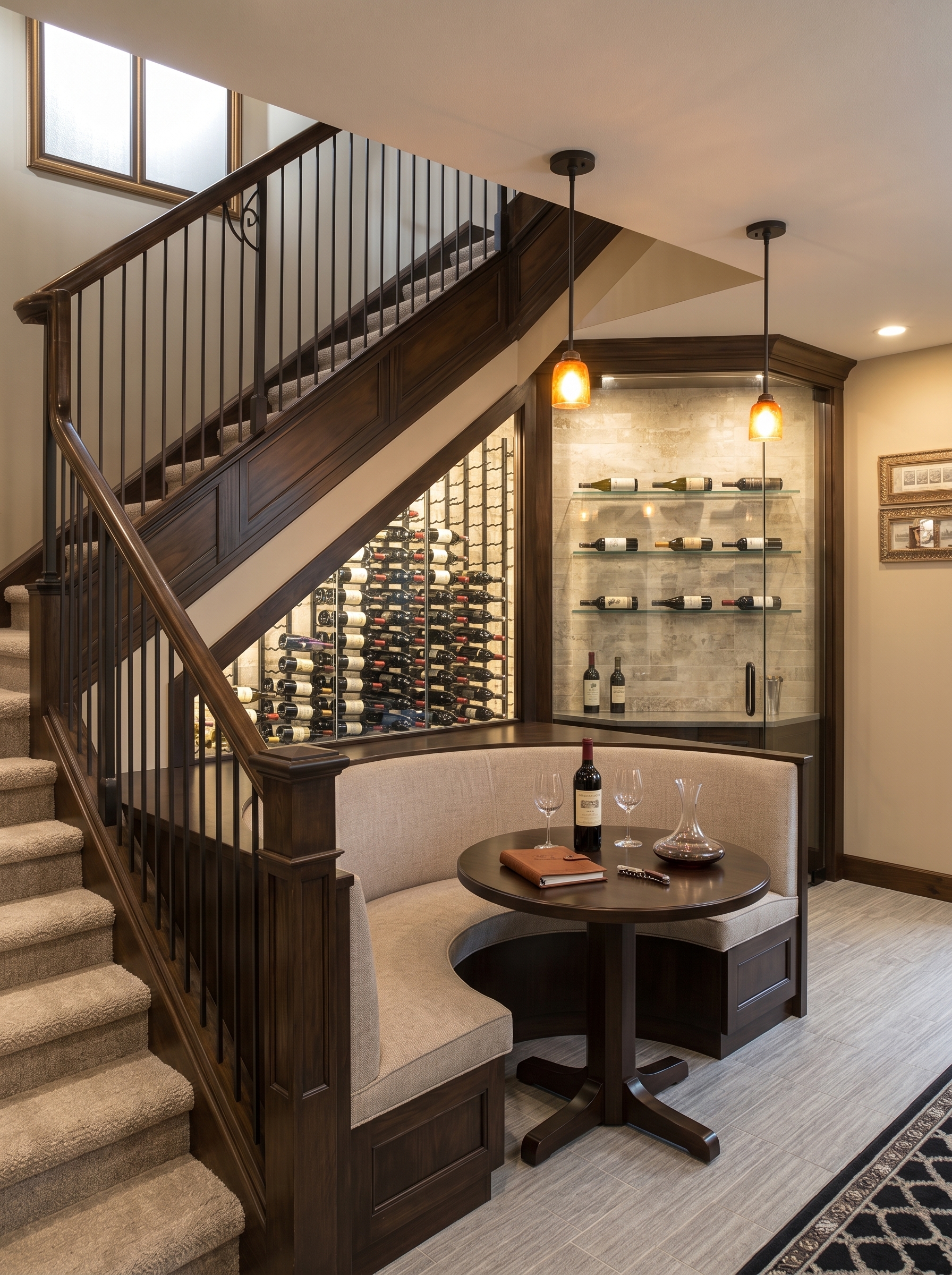 Stylish under staircase design with smart storage, modern decor, warm lighting, and functional home styling