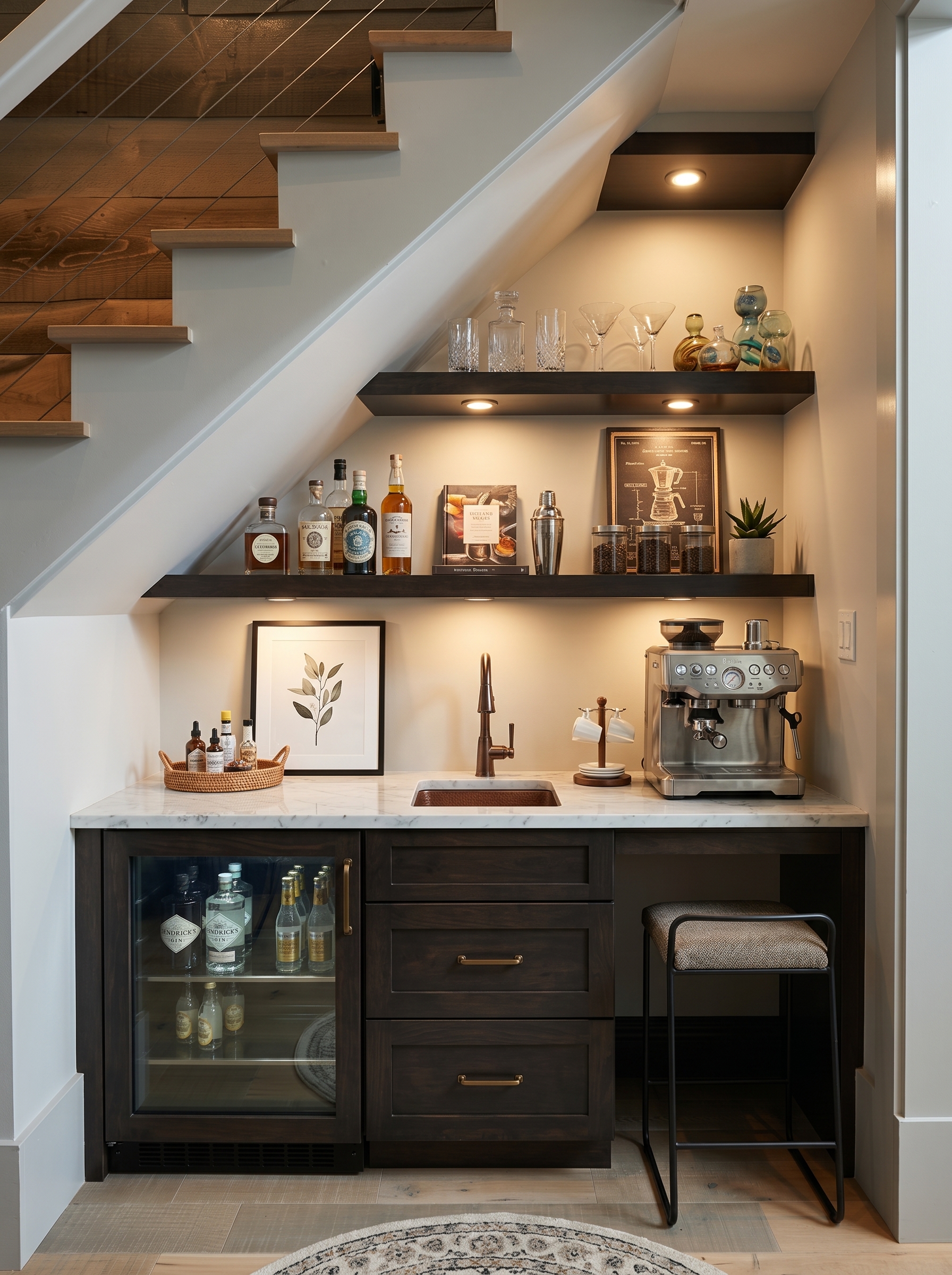 Modern under stairs home office with floating wooden desk, LED lighting, wood panel wall, indoor plants, and black stair railing
