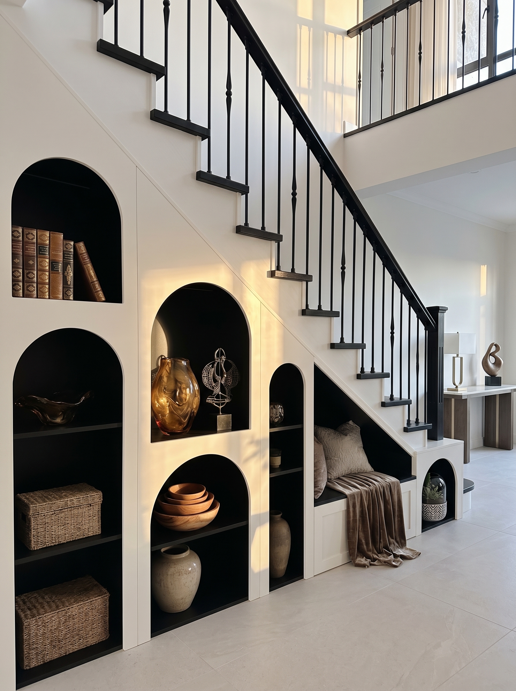 Under staircase coffee bar with dark wood cabinets, marble countertop, floating shelves, mini fridge, sink, and espresso machine