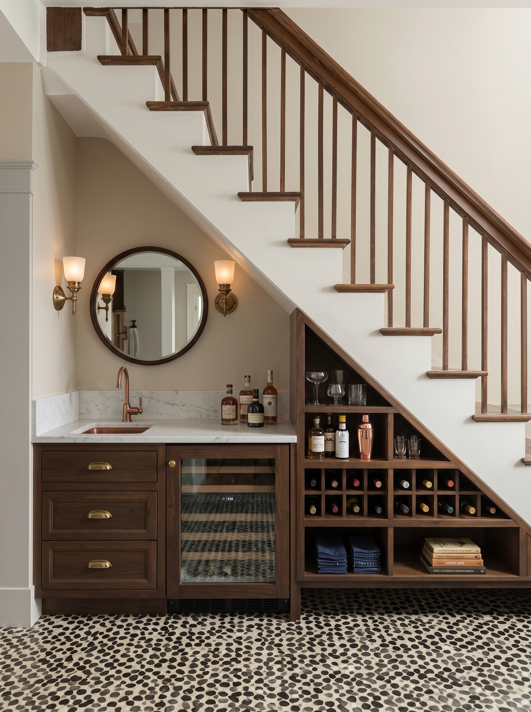 Built-in under stairs storage with arched shelves, woven baskets, white cabinetry, bench seating, and black stair railing