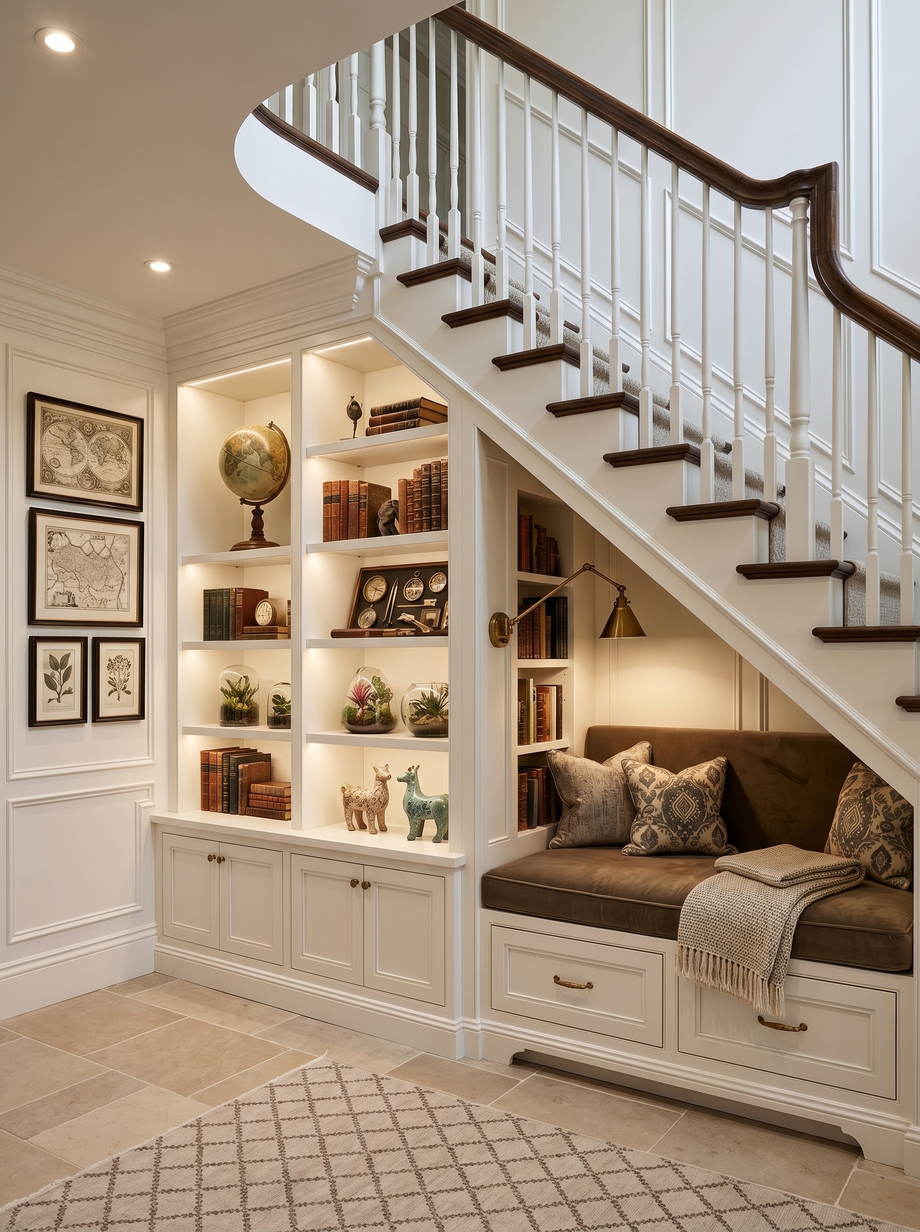 Cozy under stairs reading nook with built-in bookshelves, armchair, warm lighting, vintage books, globes, and display decor