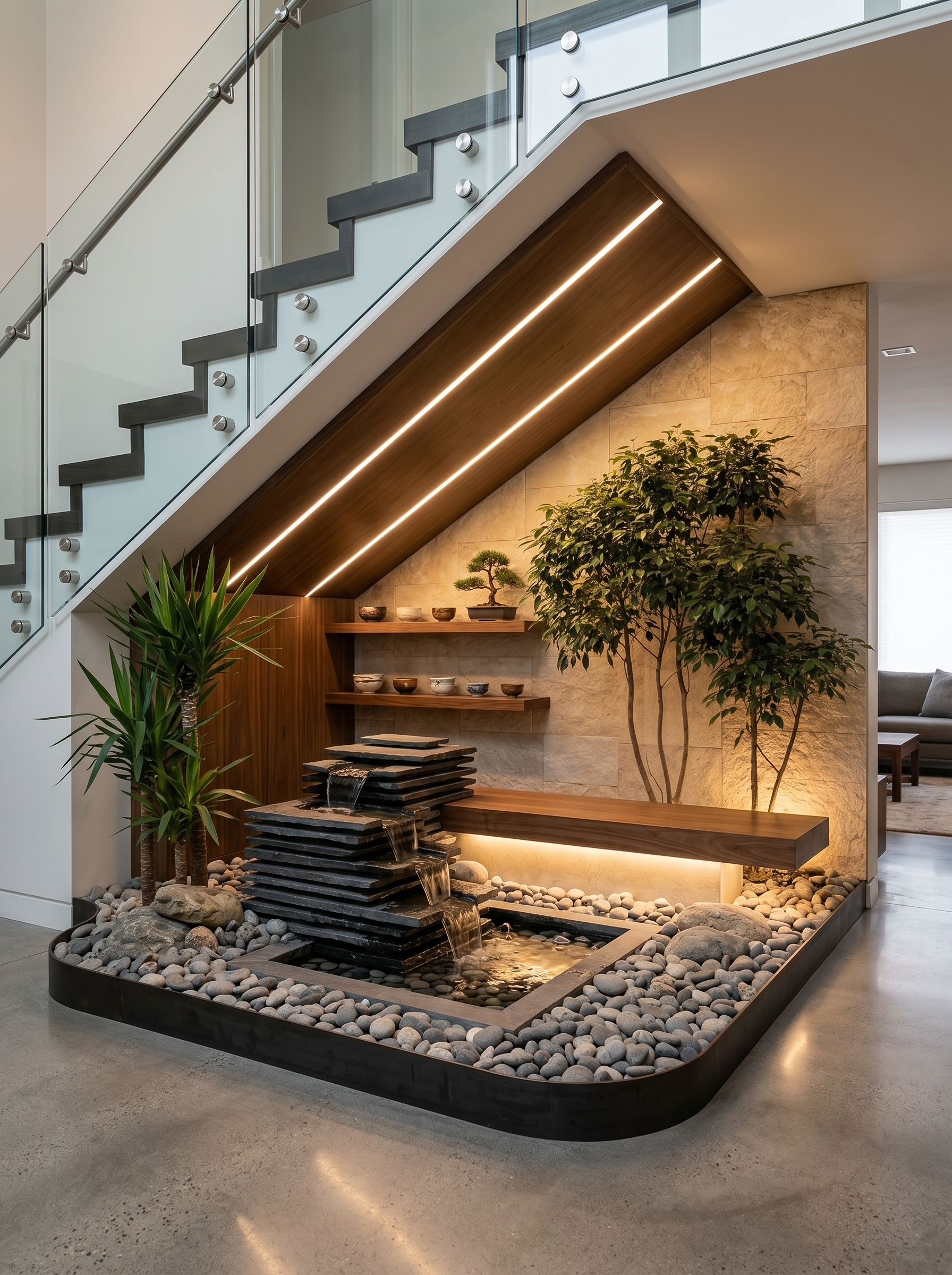 Elegant under staircase bookshelf with hidden storage, cushioned bench, white cabinetry, warm lighting, books, and decor