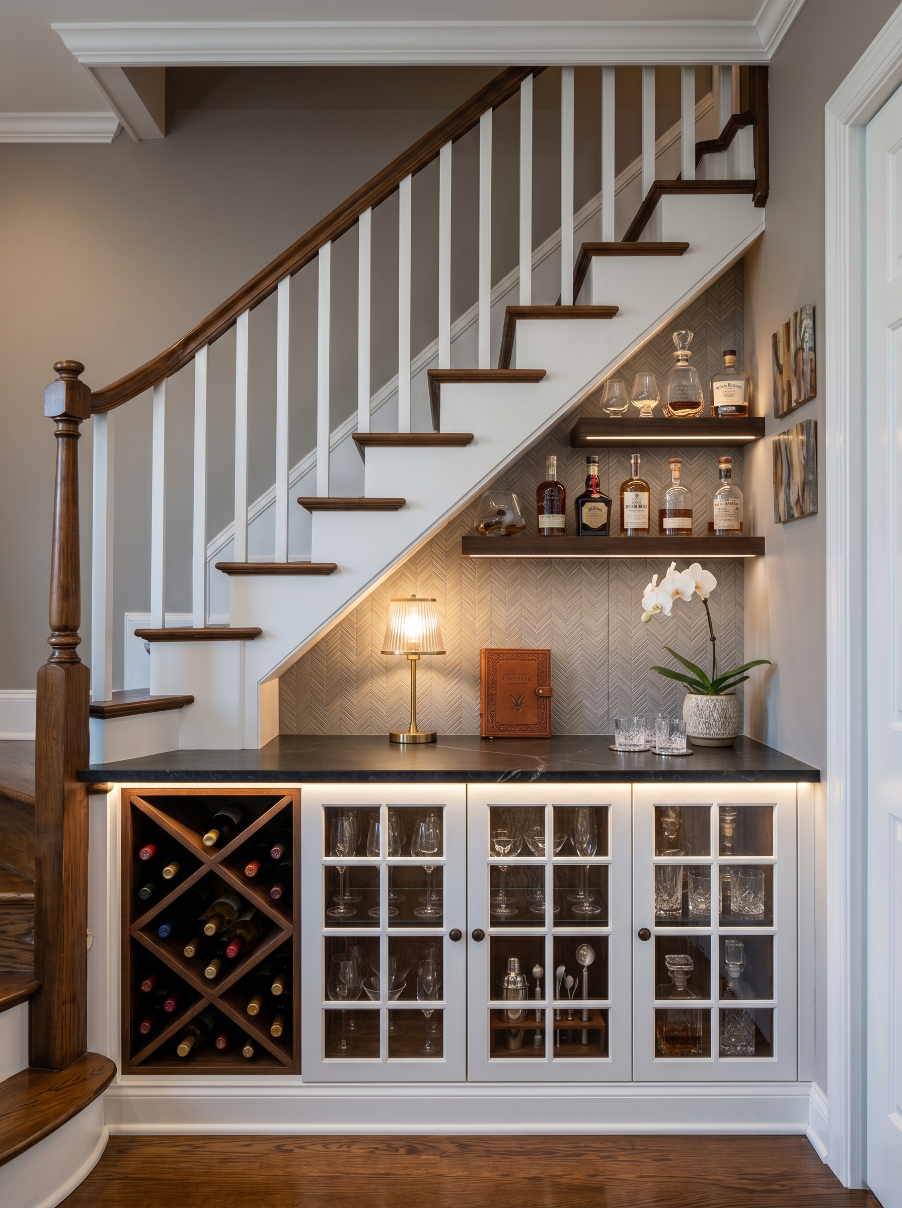 Mudroom-style under staircase nook with built-in bench, wall hooks, round mirror, woven baskets, shelves, and white cabinetry