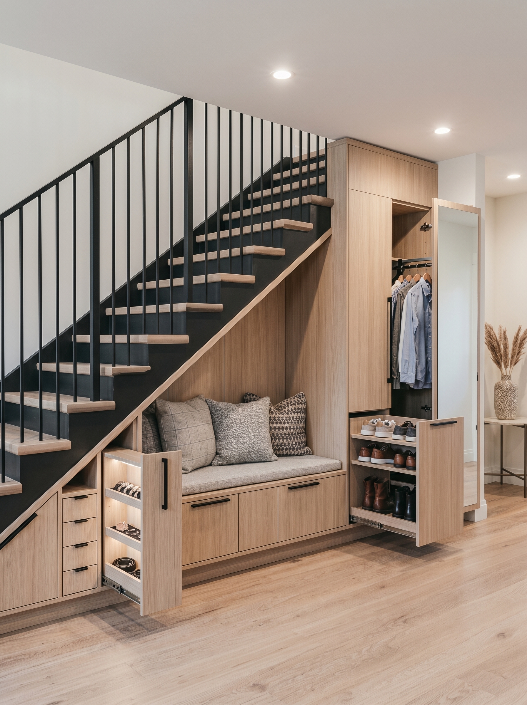 Elegant under stairs bar with glass-front cabinets, black countertop, custom wine rack, open shelves, bottles, and warm lighting