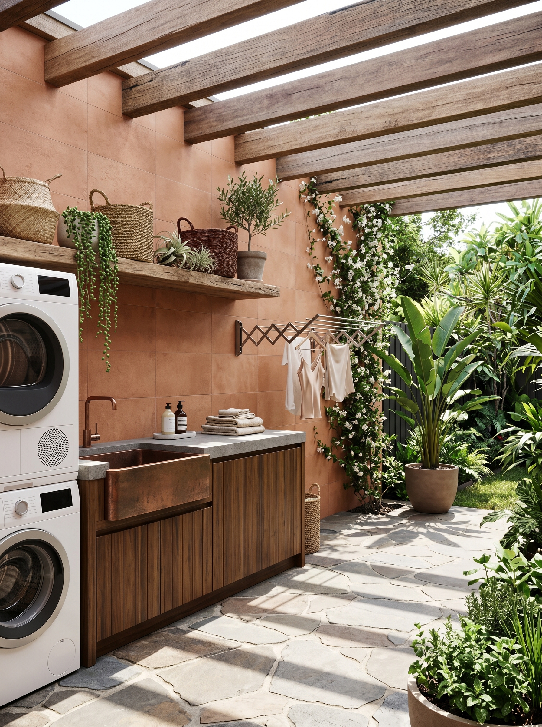Outdoor laundry room with covered washing area, storage shelves, baskets, sink, drying rack, and garden-inspired decor