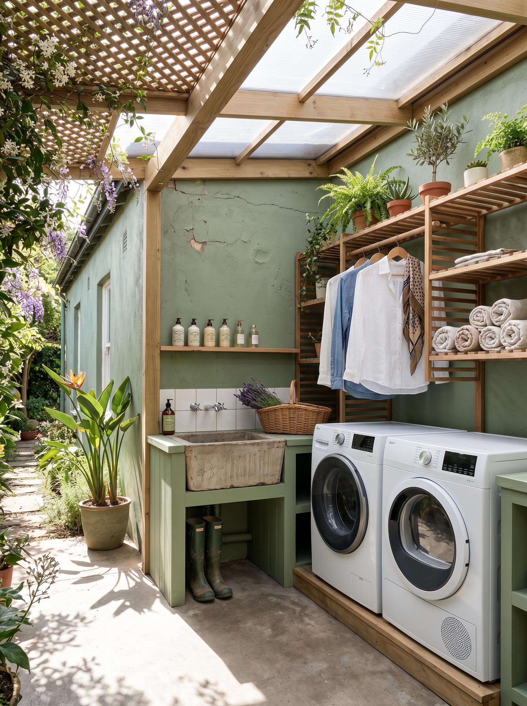 Garden-inspired outdoor laundry room with stacked washer and dryer, terracotta tiles, wood cabinets, copper sink, pergola, and plants