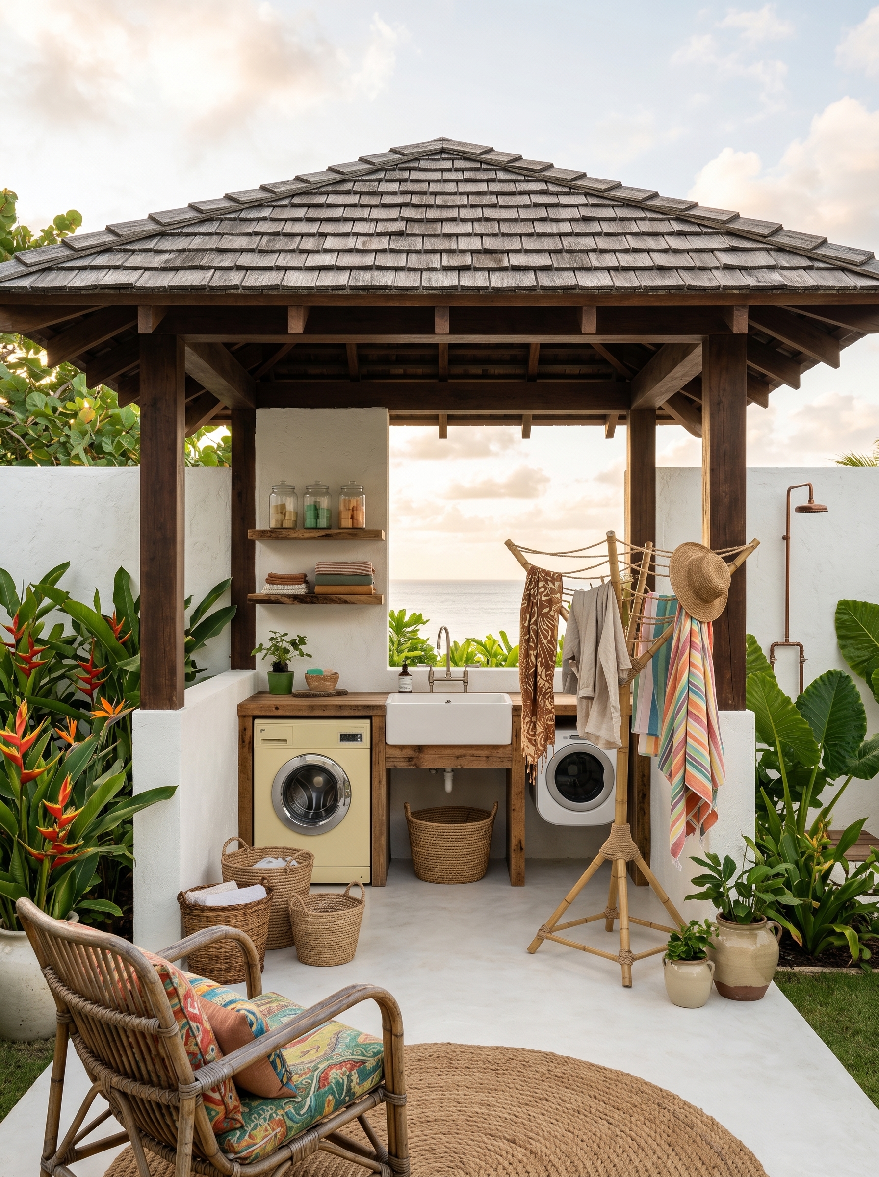 Covered outdoor laundry room with green walls, washer and dryer, farmhouse sink, wood shelves, hanging clothes, and potted plants