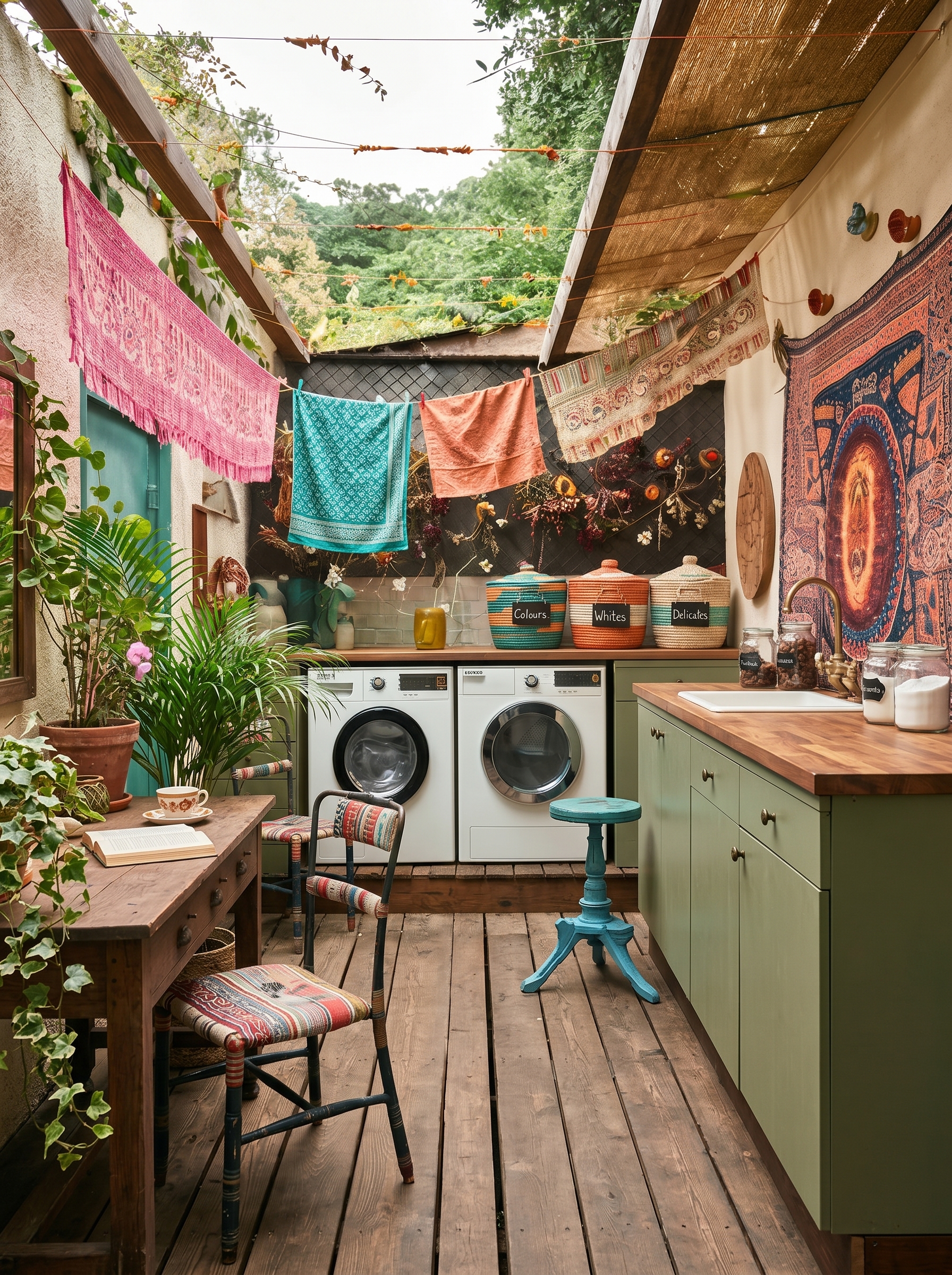 Tropical outdoor laundry room with covered wooden pavilion, farmhouse sink, compact washer and dryer, rattan baskets, bamboo drying rack, and plants