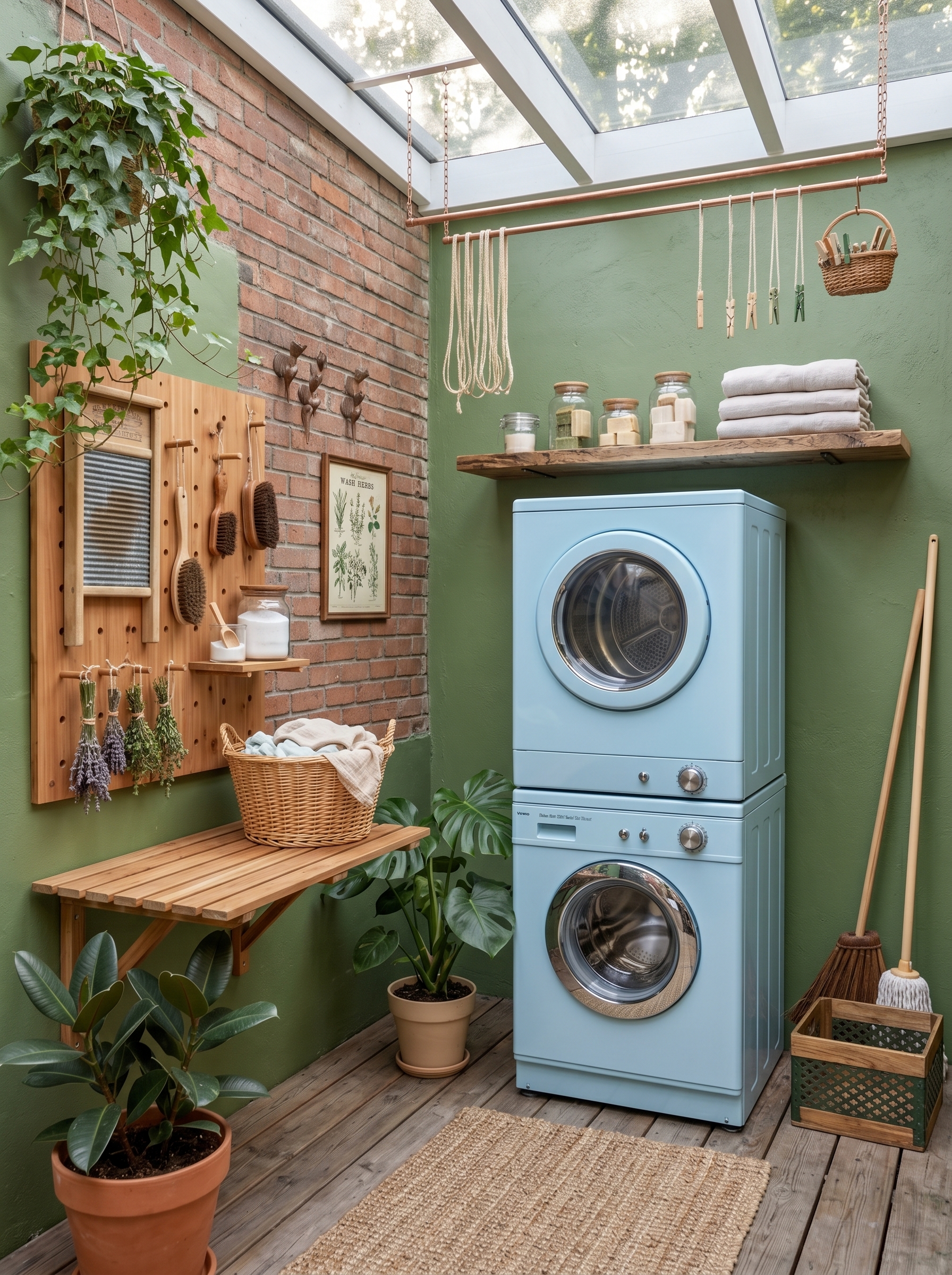 Bohemian outdoor laundry room with green cabinets, wooden counter, sink, labeled baskets, clotheslines, rugs, plants, and colorful decor