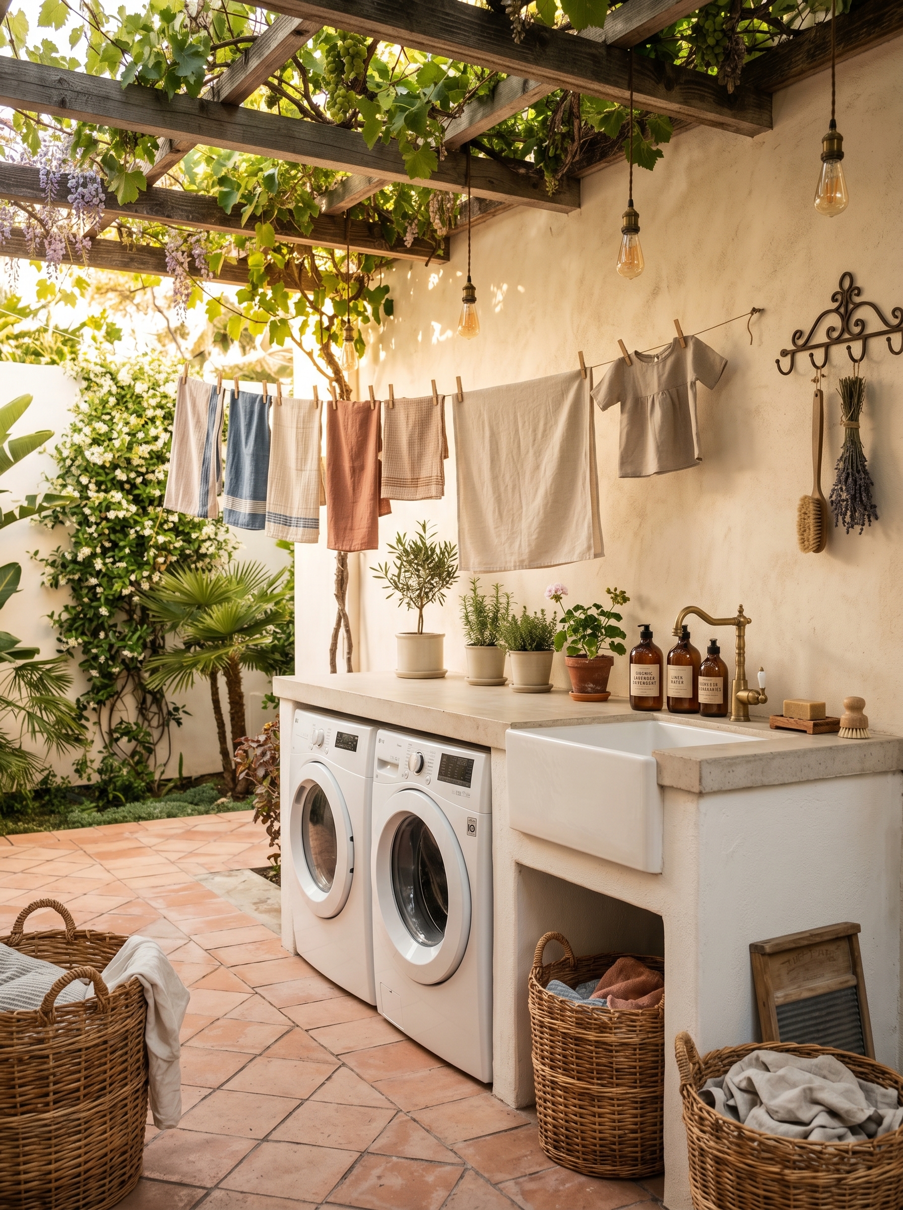 Compact outdoor laundry room with stacked blue washer and dryer, glass roof, open shelves, drying rack, baskets, and green walls